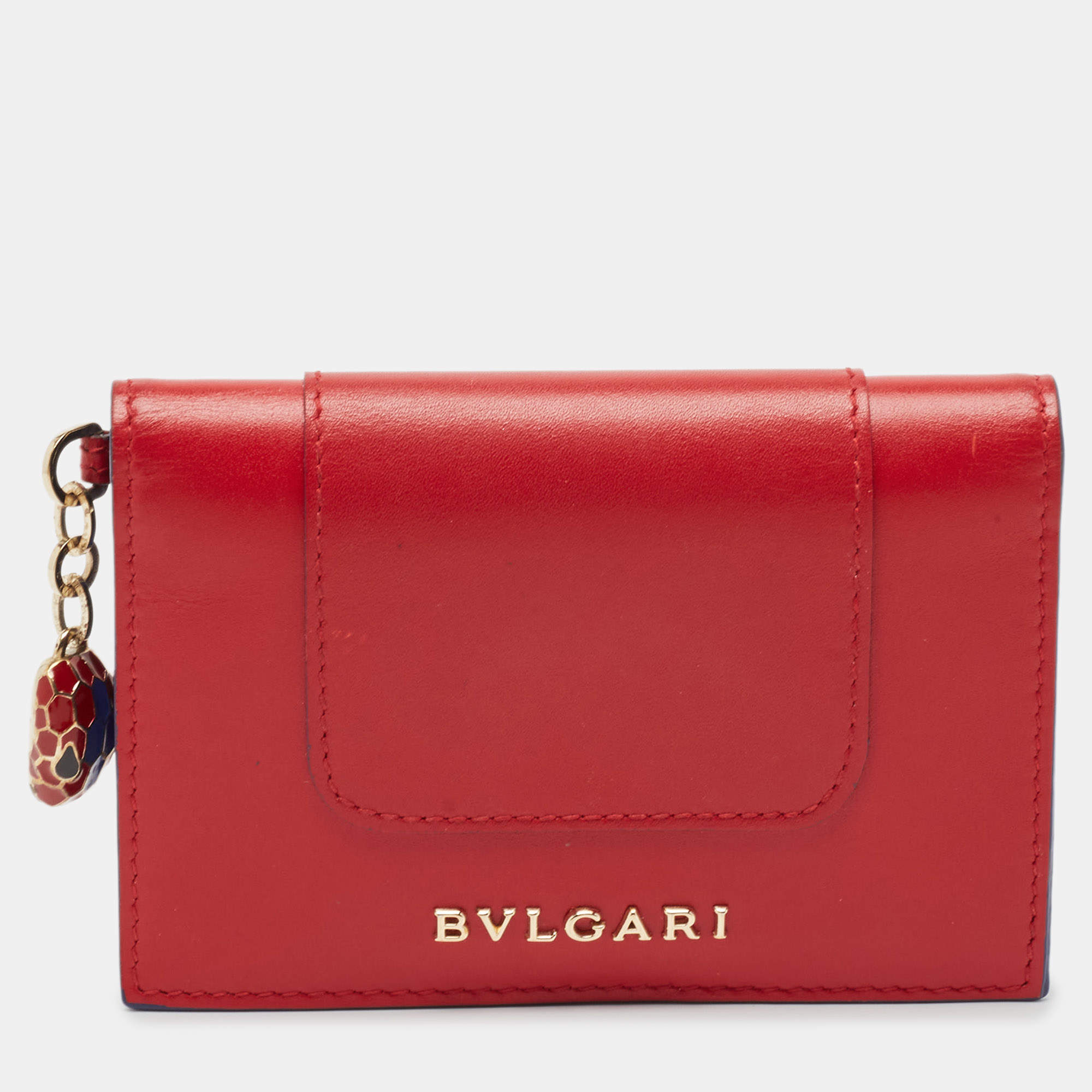 Pre Owned Bvlgari Red Leather Serpenti Forever Bifold Card Case