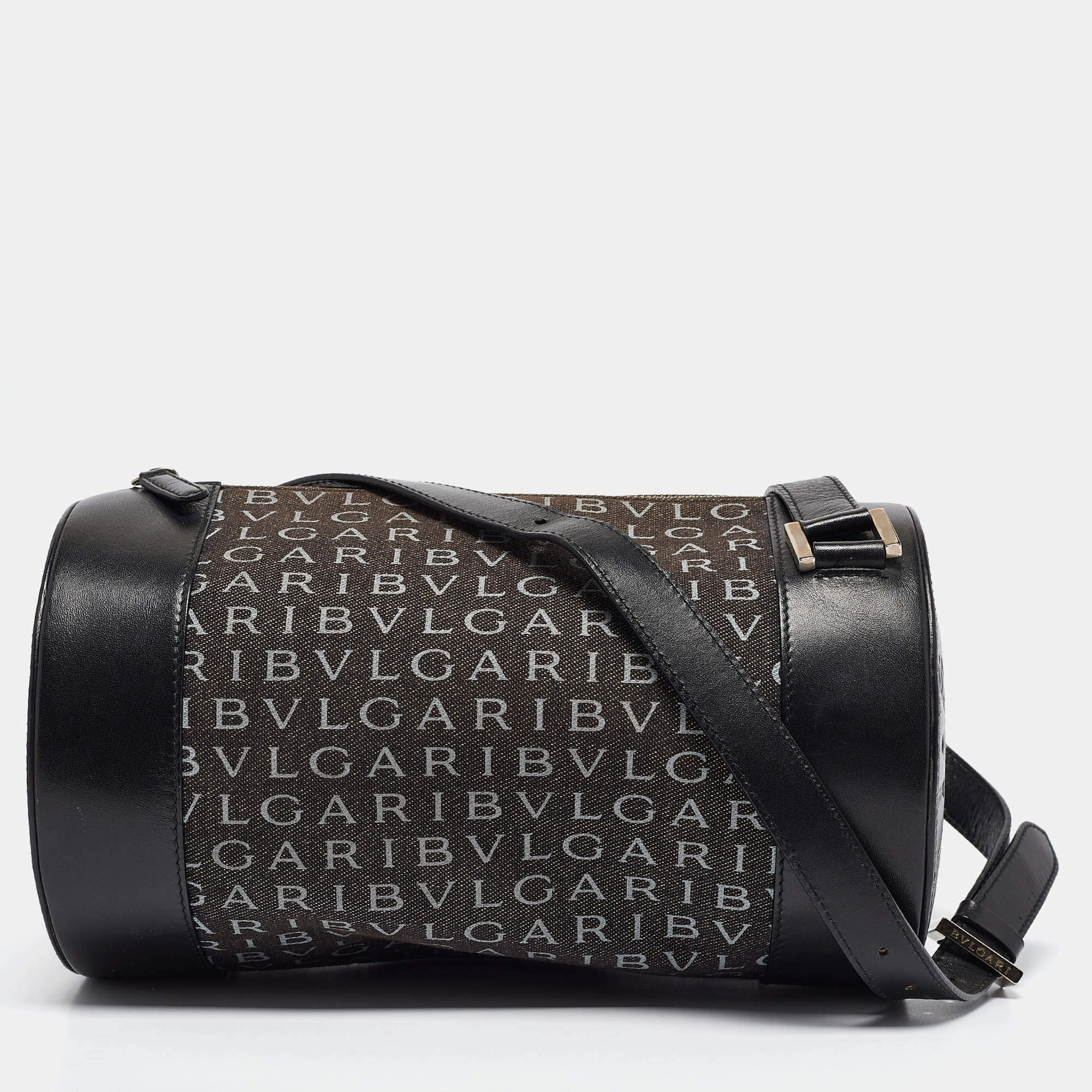 Pre Owned Bvlgari Black Macadam Denim and Leather Cylinder Bag