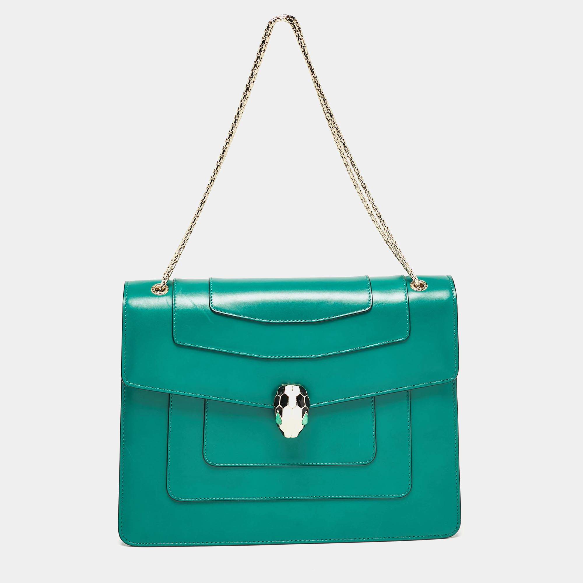 Pre Owned Bvlgari Green Leather Large Serpenti Forever Shoulder Bag