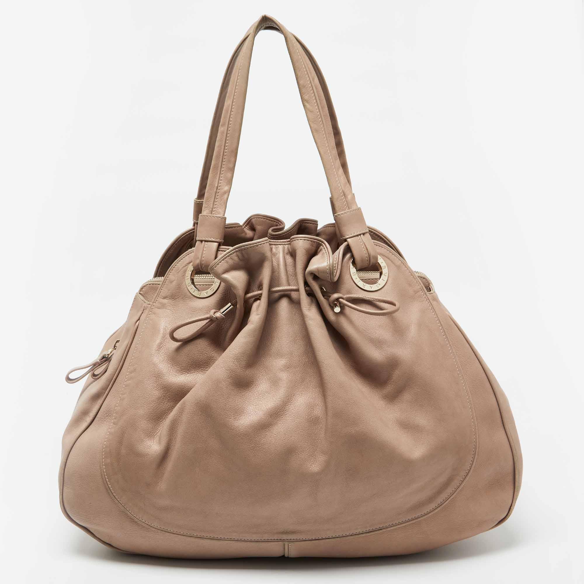 Pre Owned Bvlgari Beige Leather Ruched Hobo