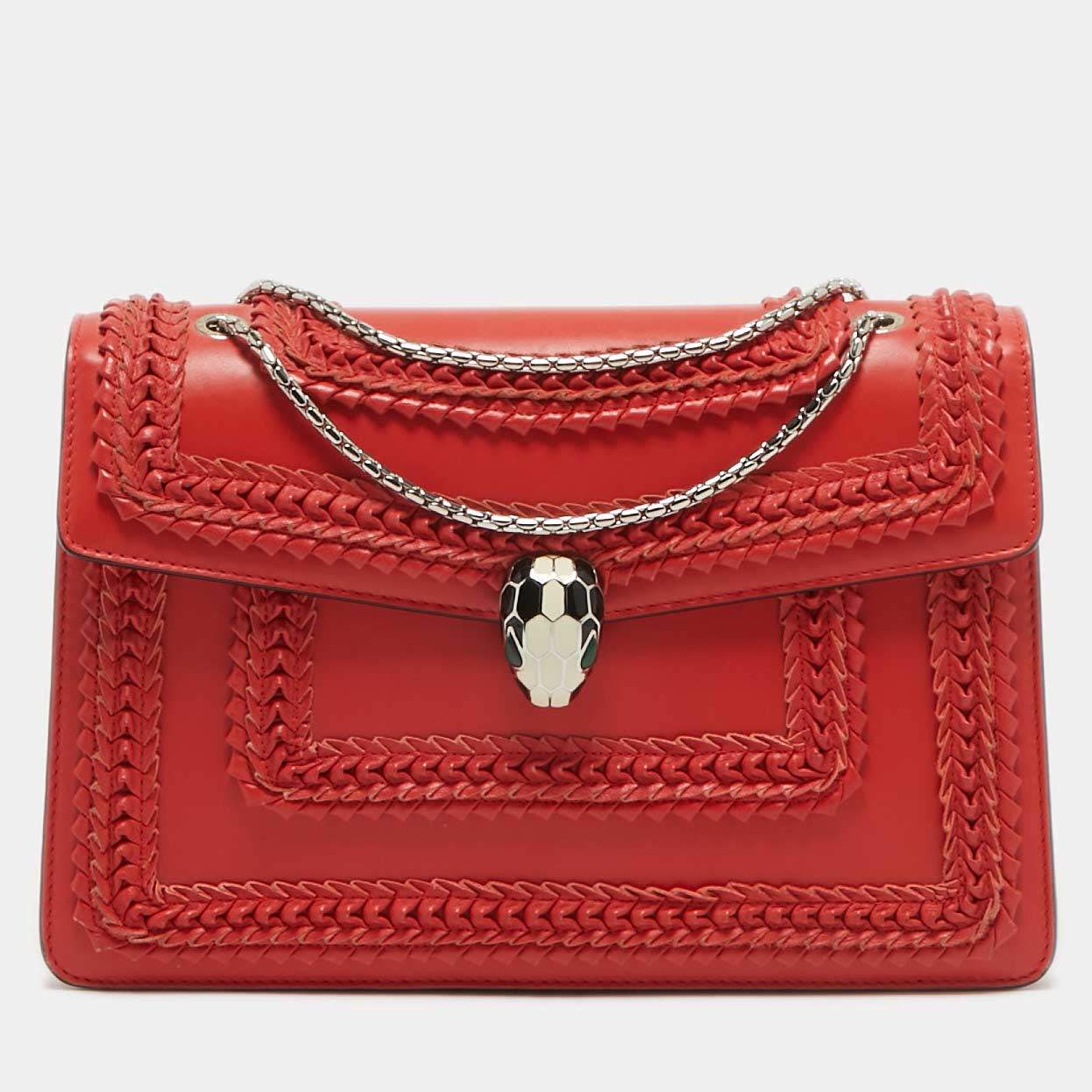 Bvlgari Red Leather Plisse Serpenti Forever Shoulder Bag