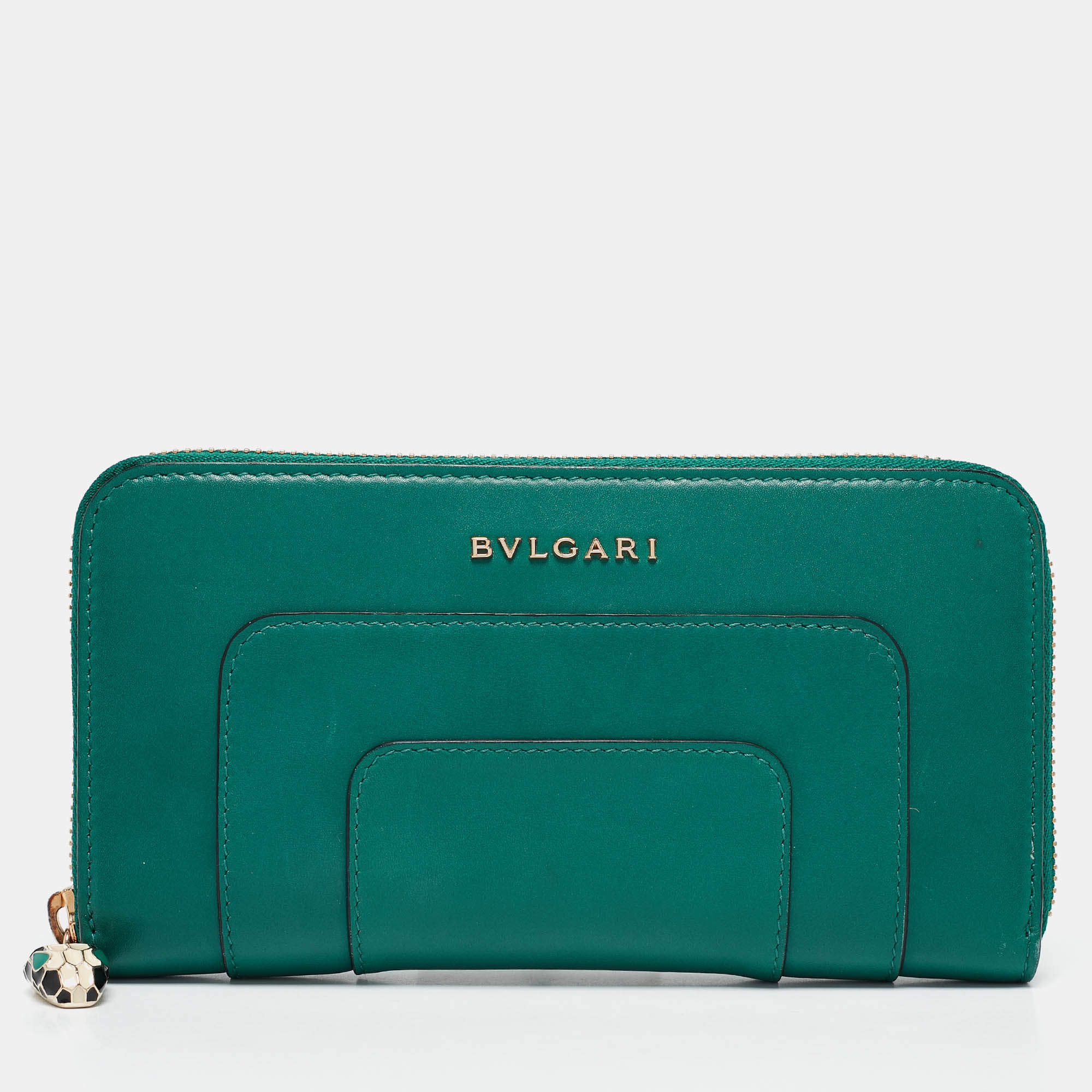 Bvlgari Green Leather Serpenti Forever Zip Around Wallet 