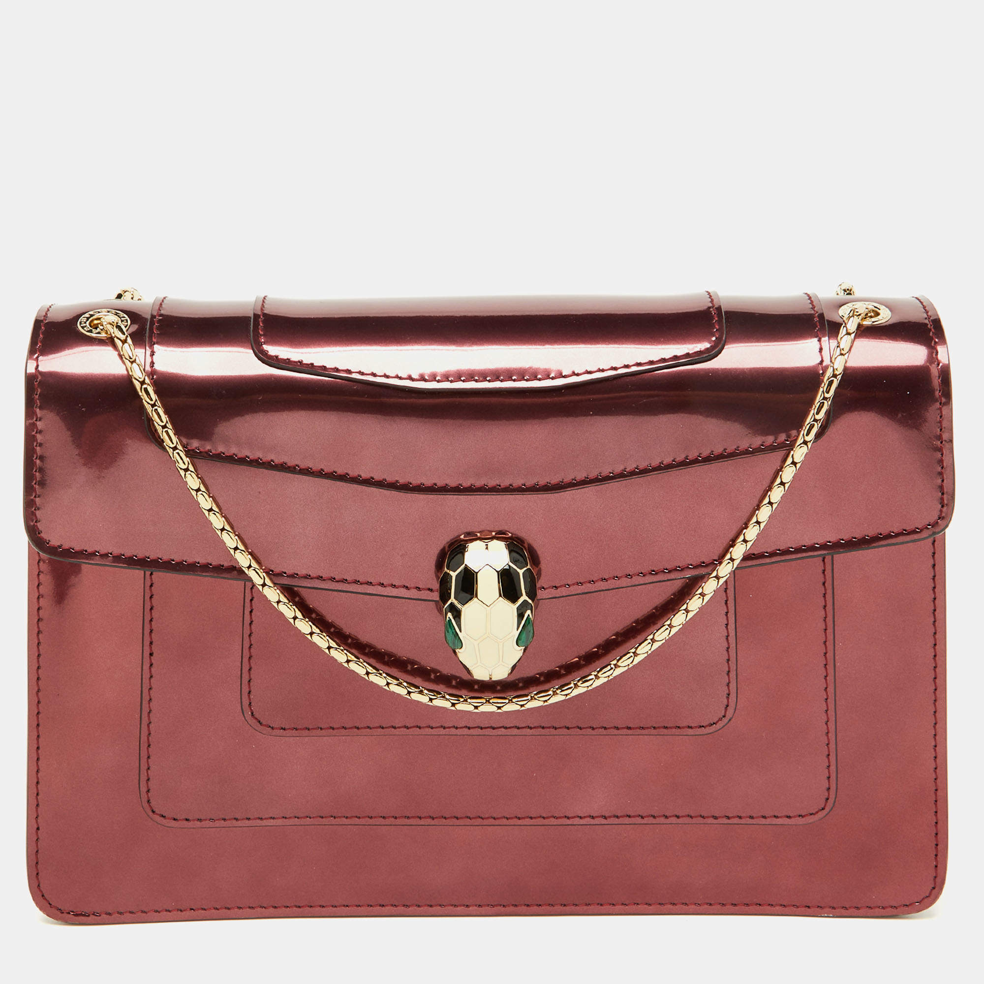 Bvlgari Burgundy Patent Leather Medium Serpenti Forever Flap Shoulder Bag