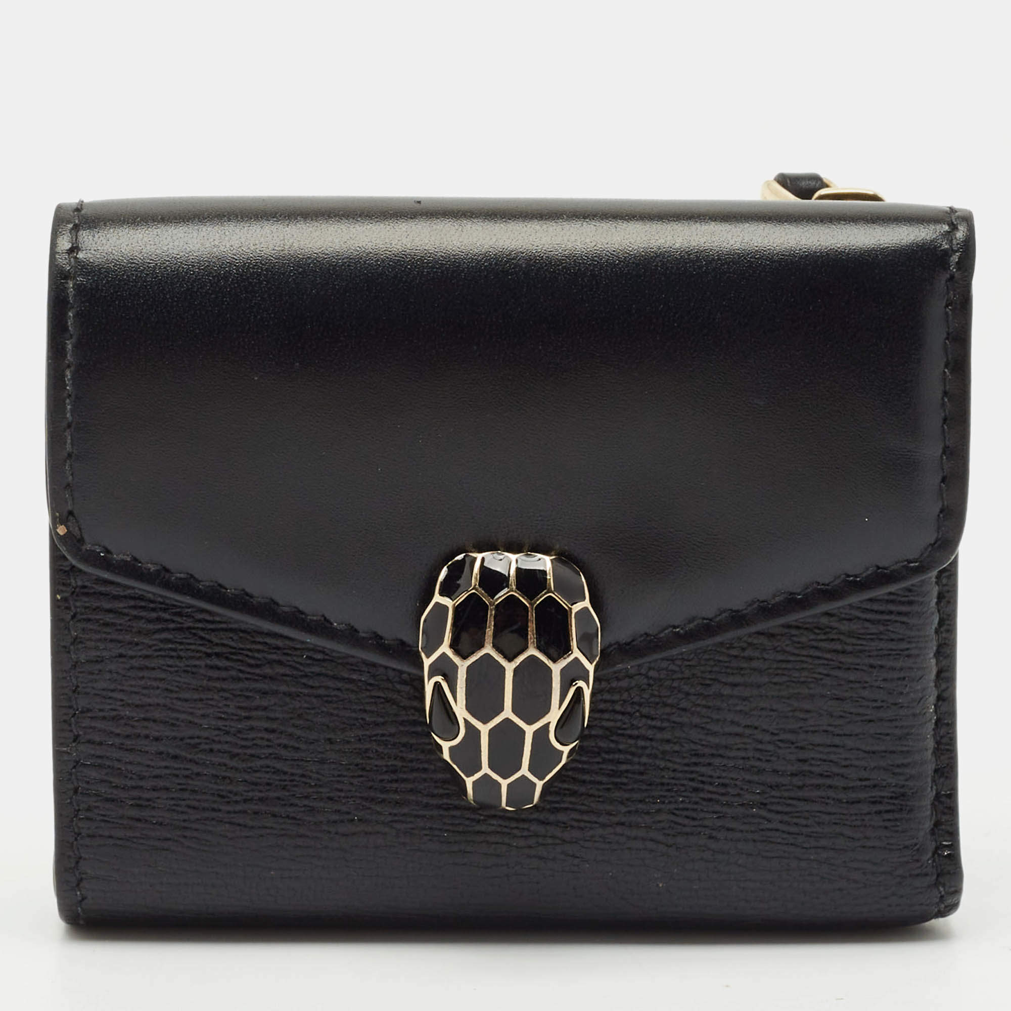 Bvlgari Black Leather Serpenti Forever Trifold Wallet