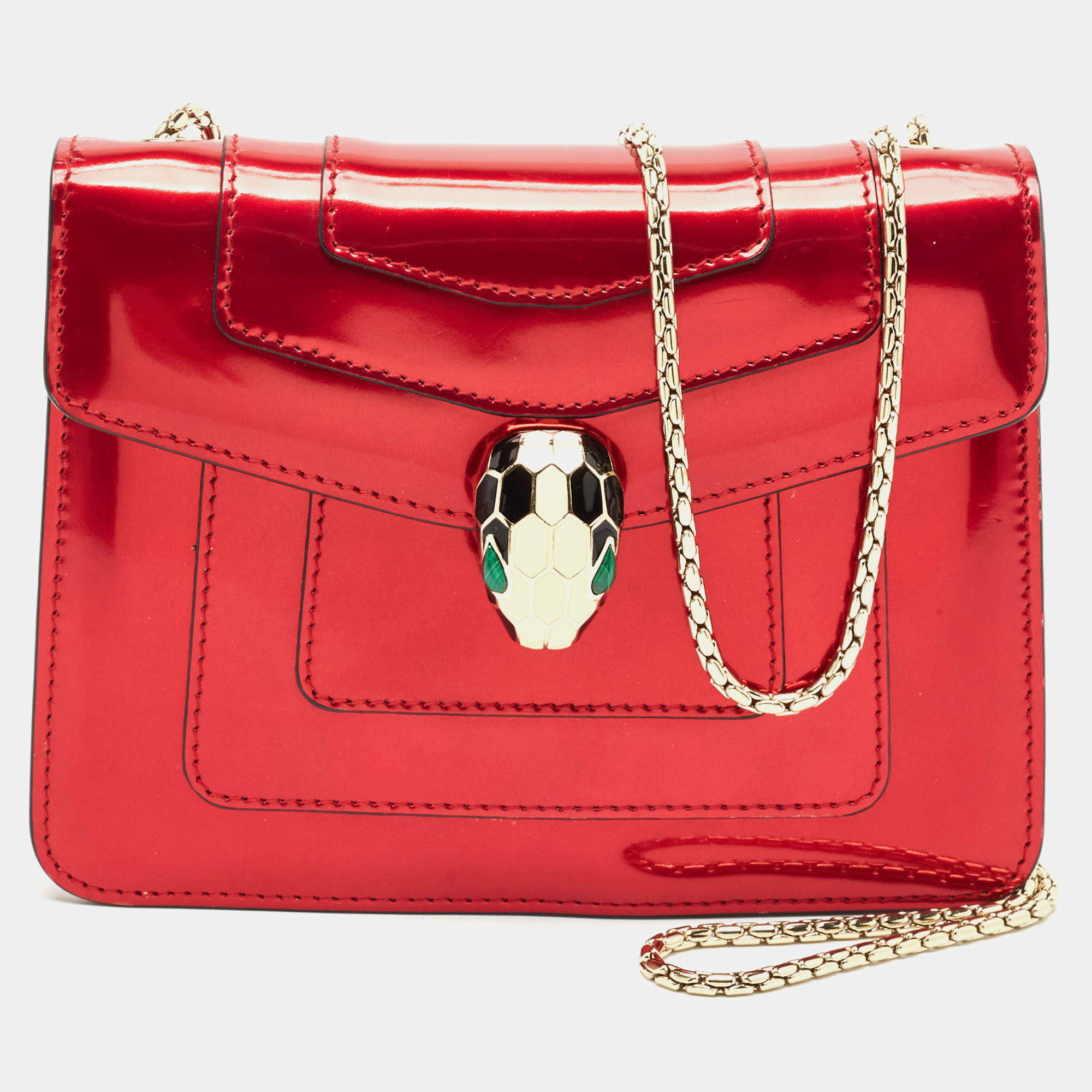 Pre Owned Bvlgari Metallic Red Patent Leather Small Serpenti Forever Shoulder Bag