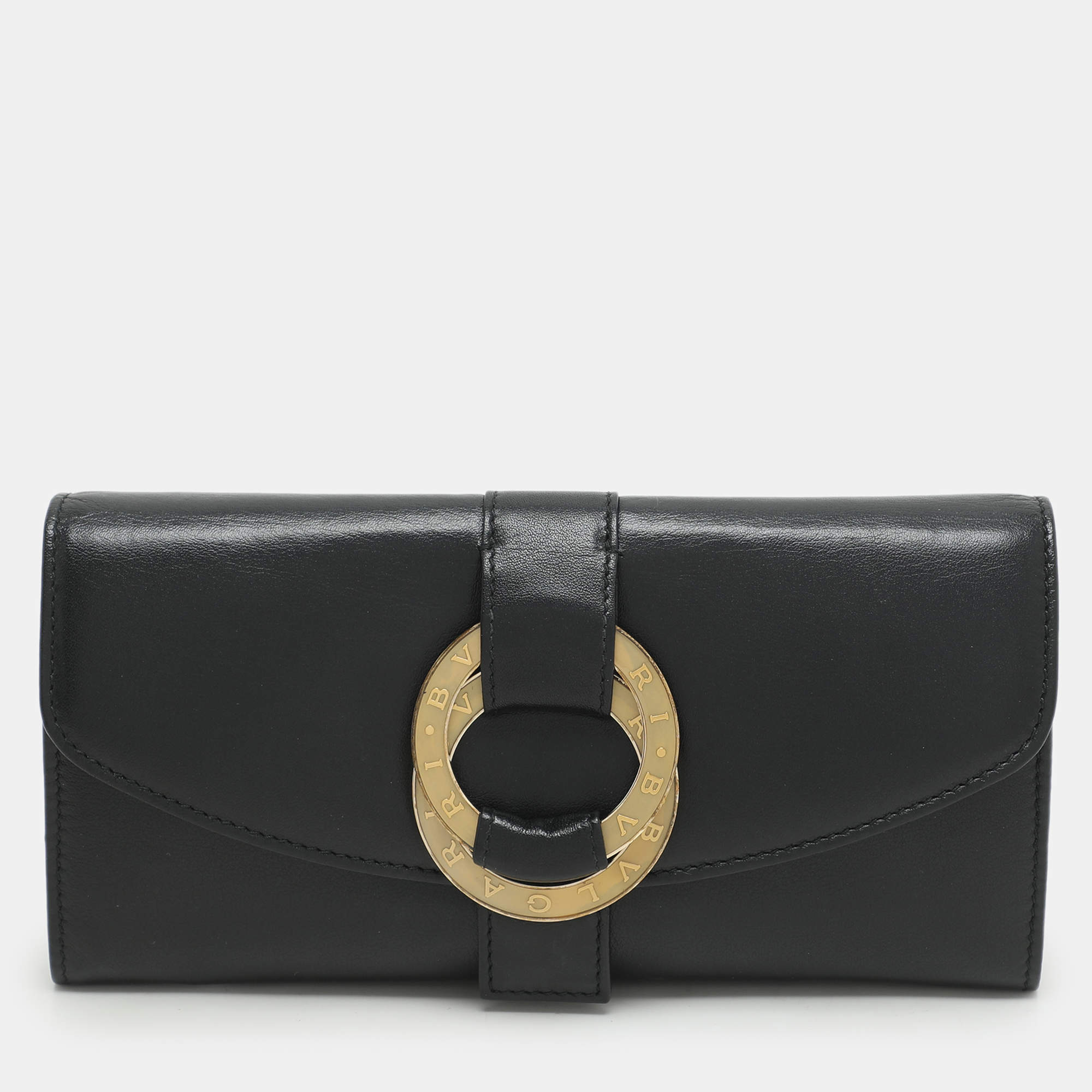 Bvlgari Black Leather Double Ring Flap Continental Wallet
