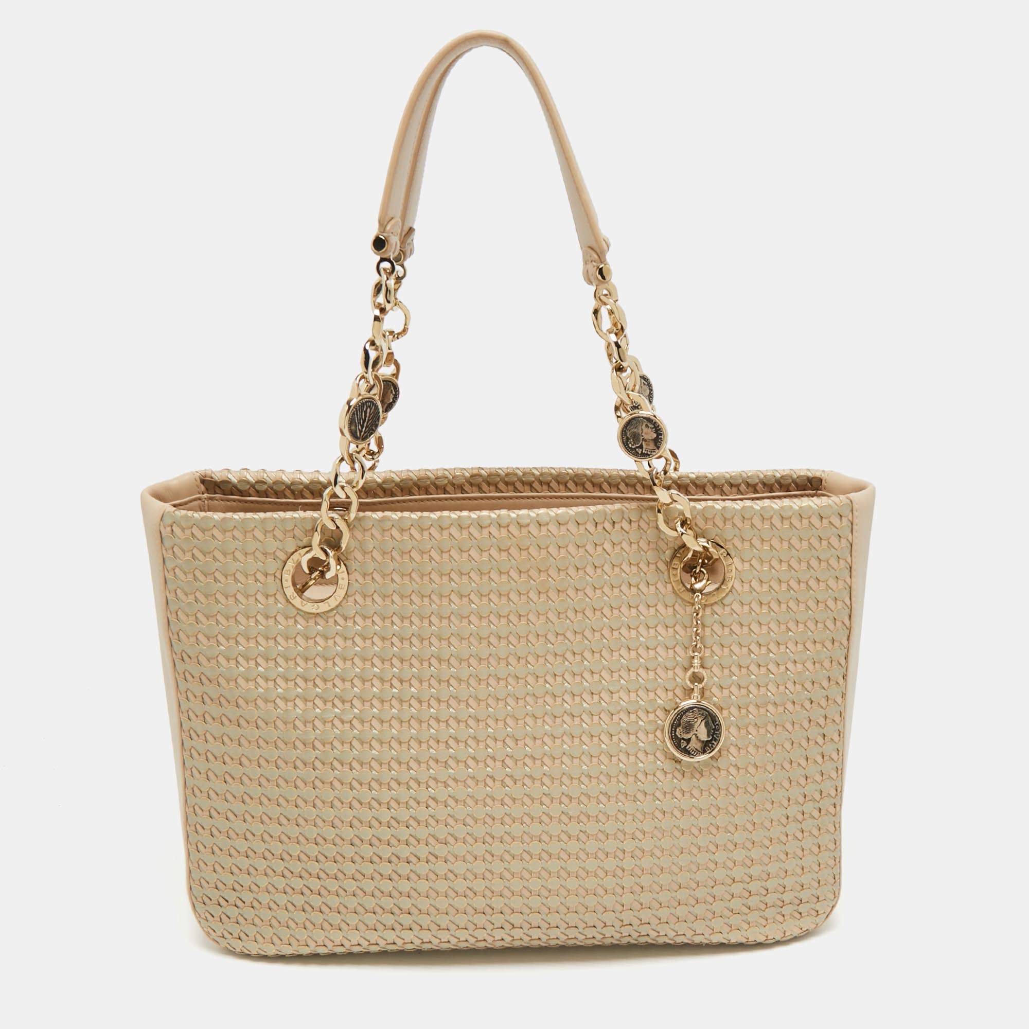 Pre Owned Bvlgari Beige/Silver Woven Leather Monte Plisse Shopper Tote