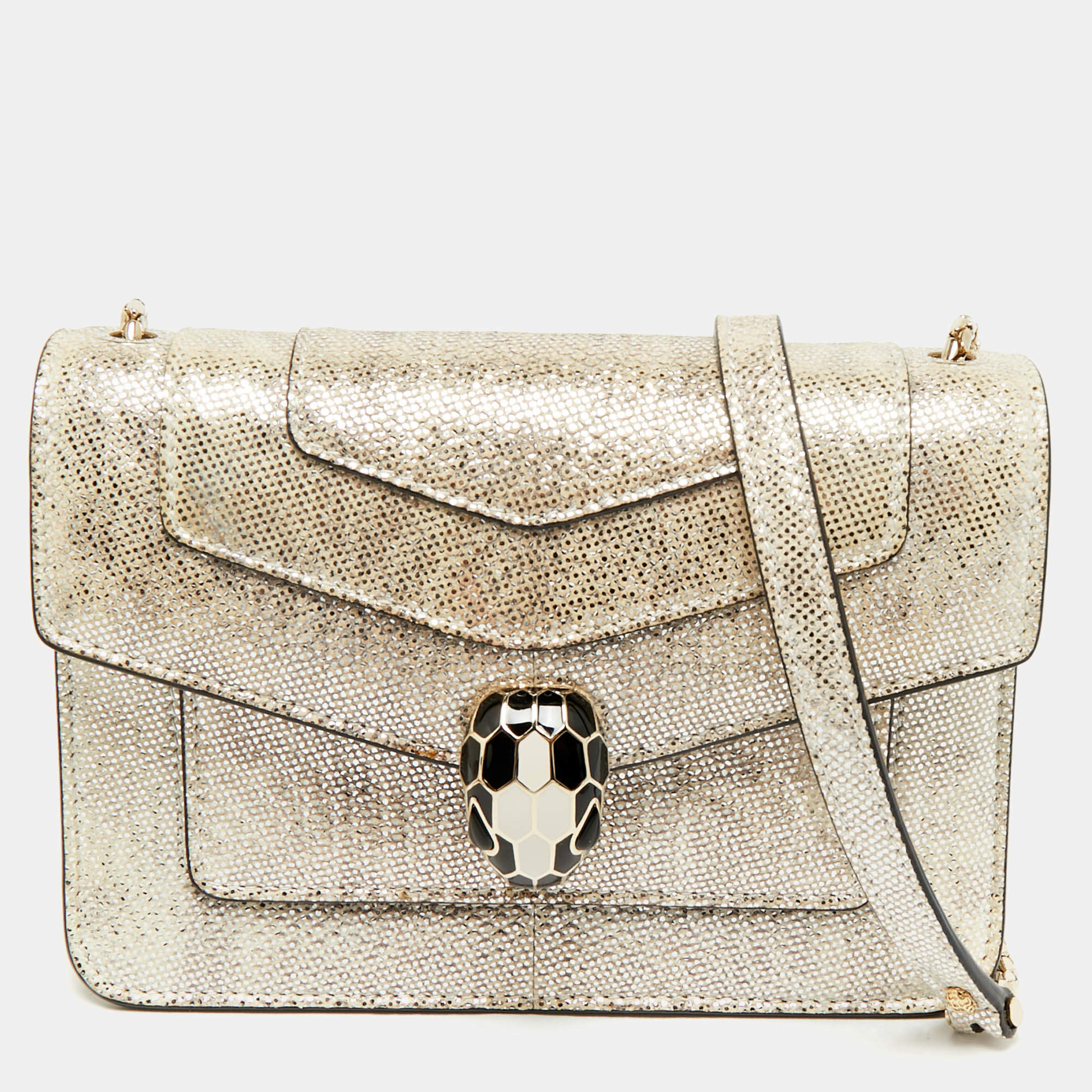 Pre Owned Bvlgari Silver Shimmering Karung Leather Small Serpenti Forever Shoulder Bag