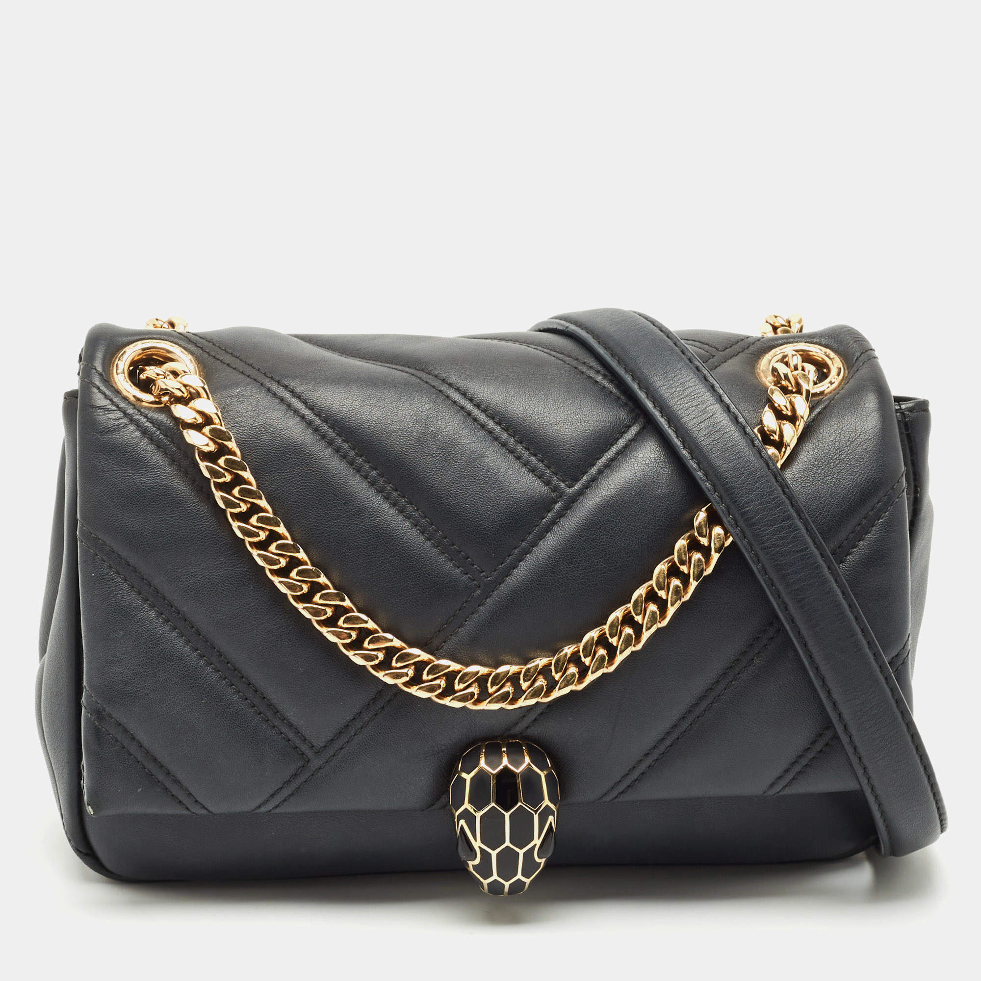 Pre Owned حقيبة كتف بلغاري سربنتي كابوشون صغيرة جلد مبطن أسود