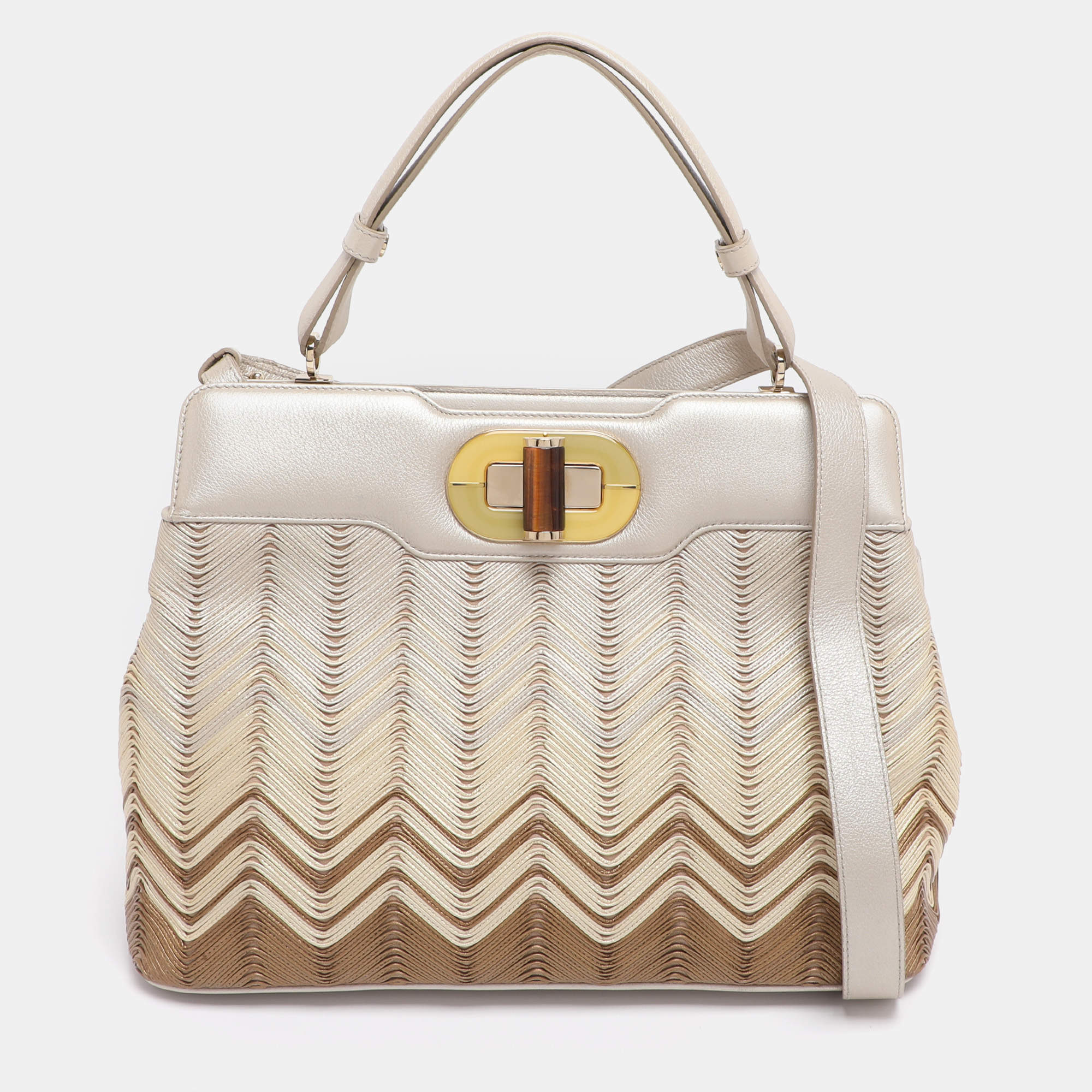 Pre Owned Bvlgari Beige/Brown Leather Isabella Rossellini Top Handle Bag