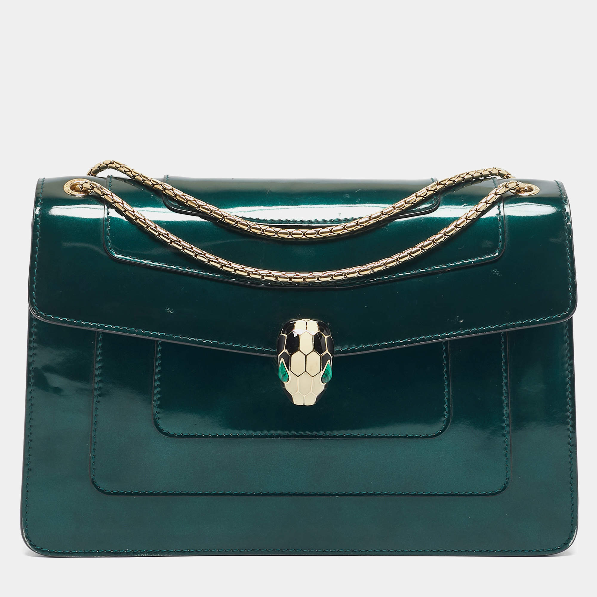 Pre Owned Bvlgari Green Patent Leather Medium Serpenti Forever Shoulder Bag