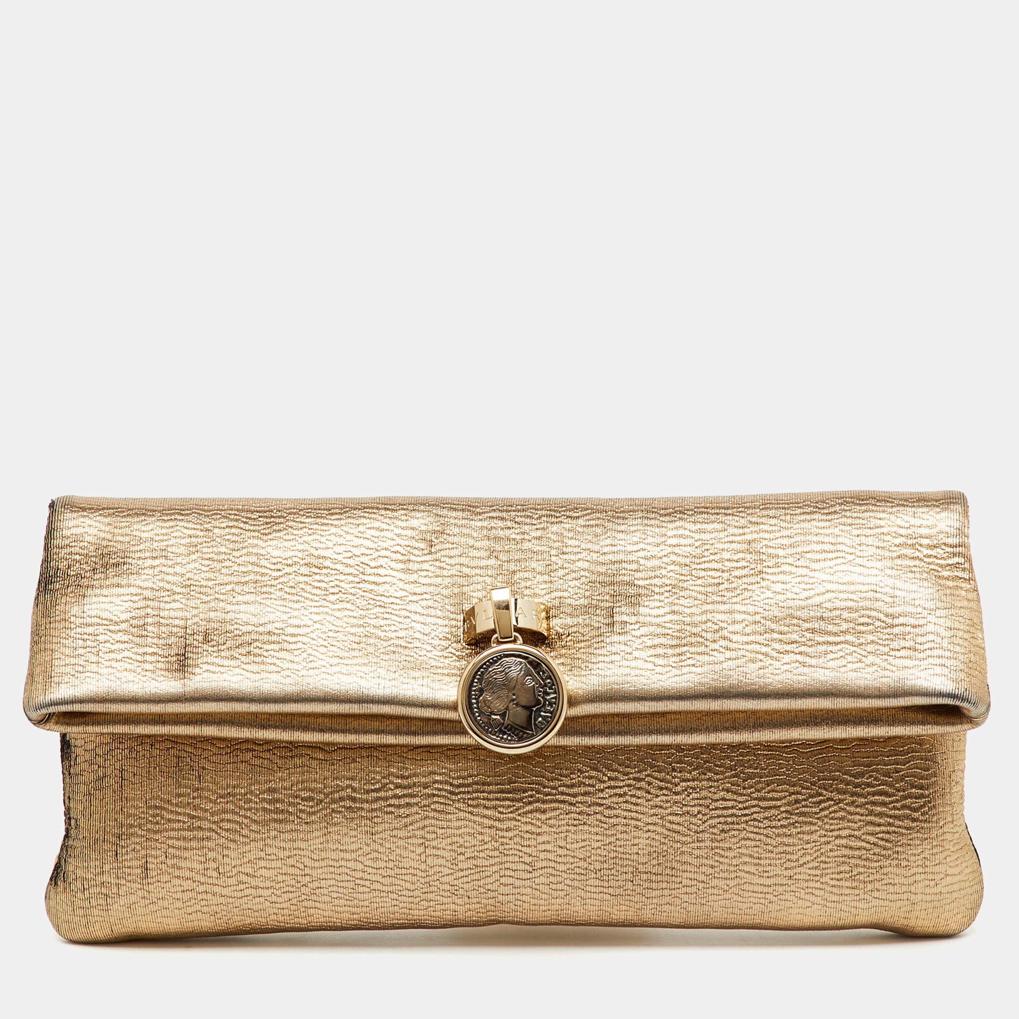 Pre Owned Bvlgari Gold Metallic Leather Monete Coin Flap Clutch