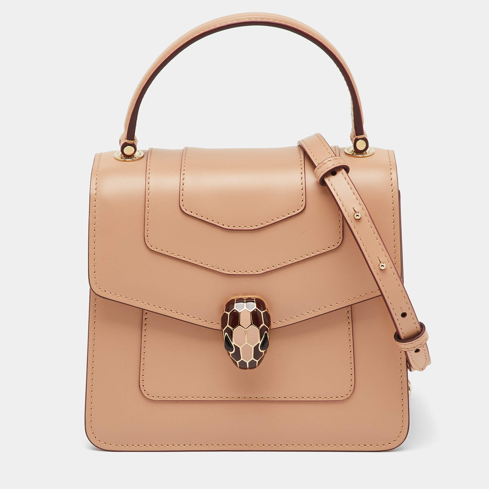 Pre Owned Bvlgari Beige Leather Serpenti Forever Small Top Handle Bag