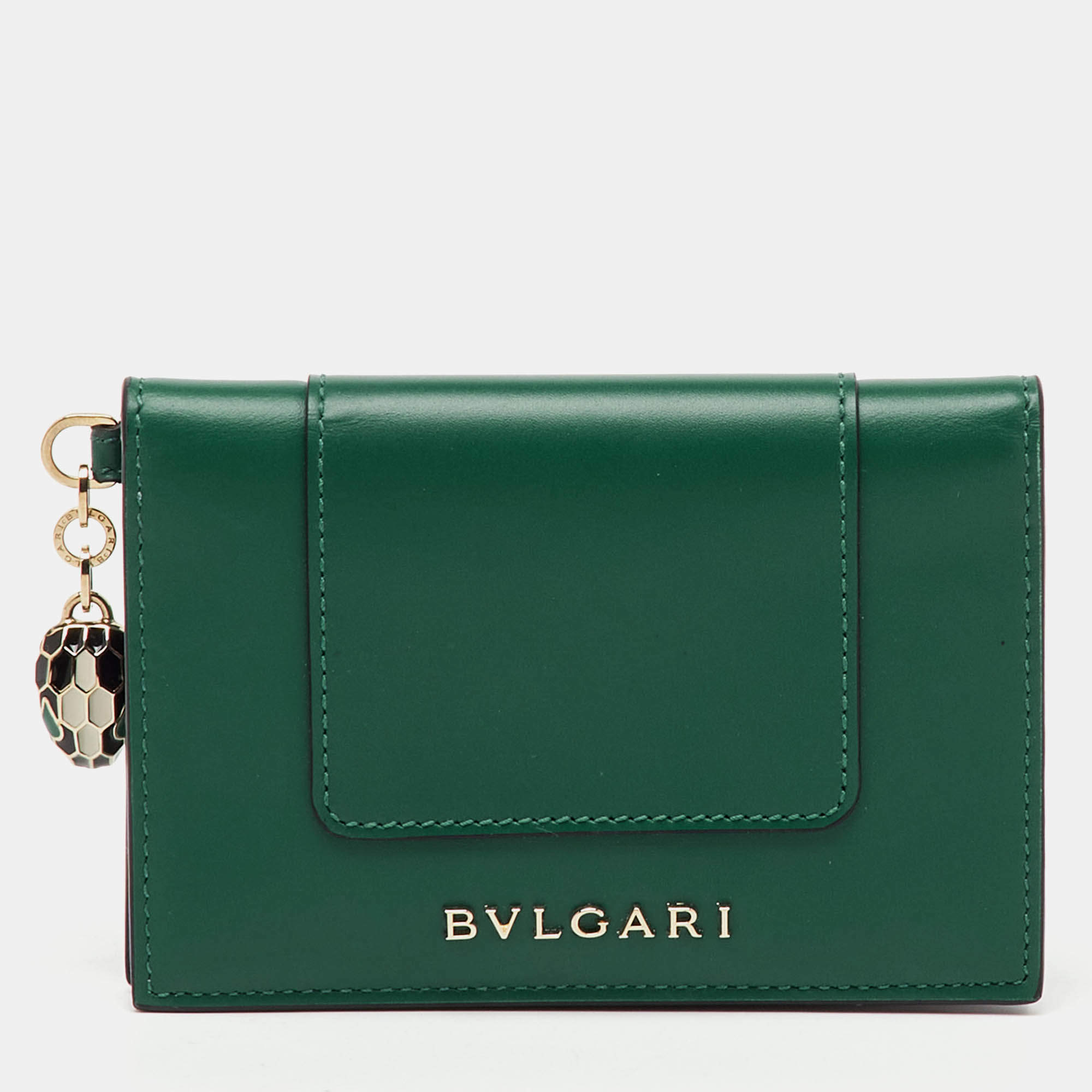Pre Owned Bvlgari Green Leather Serpenti Forever Bifold Card Holder