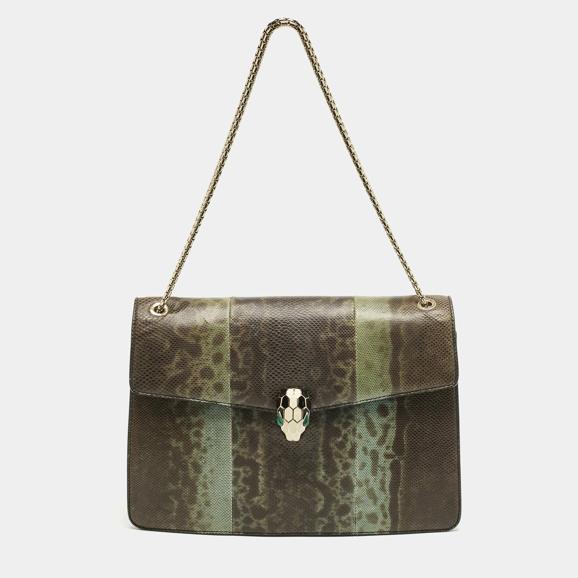 Pre Owned Bvlgari Green/Black Karung Leather Medium Serpenti Forever Shoulder Bag