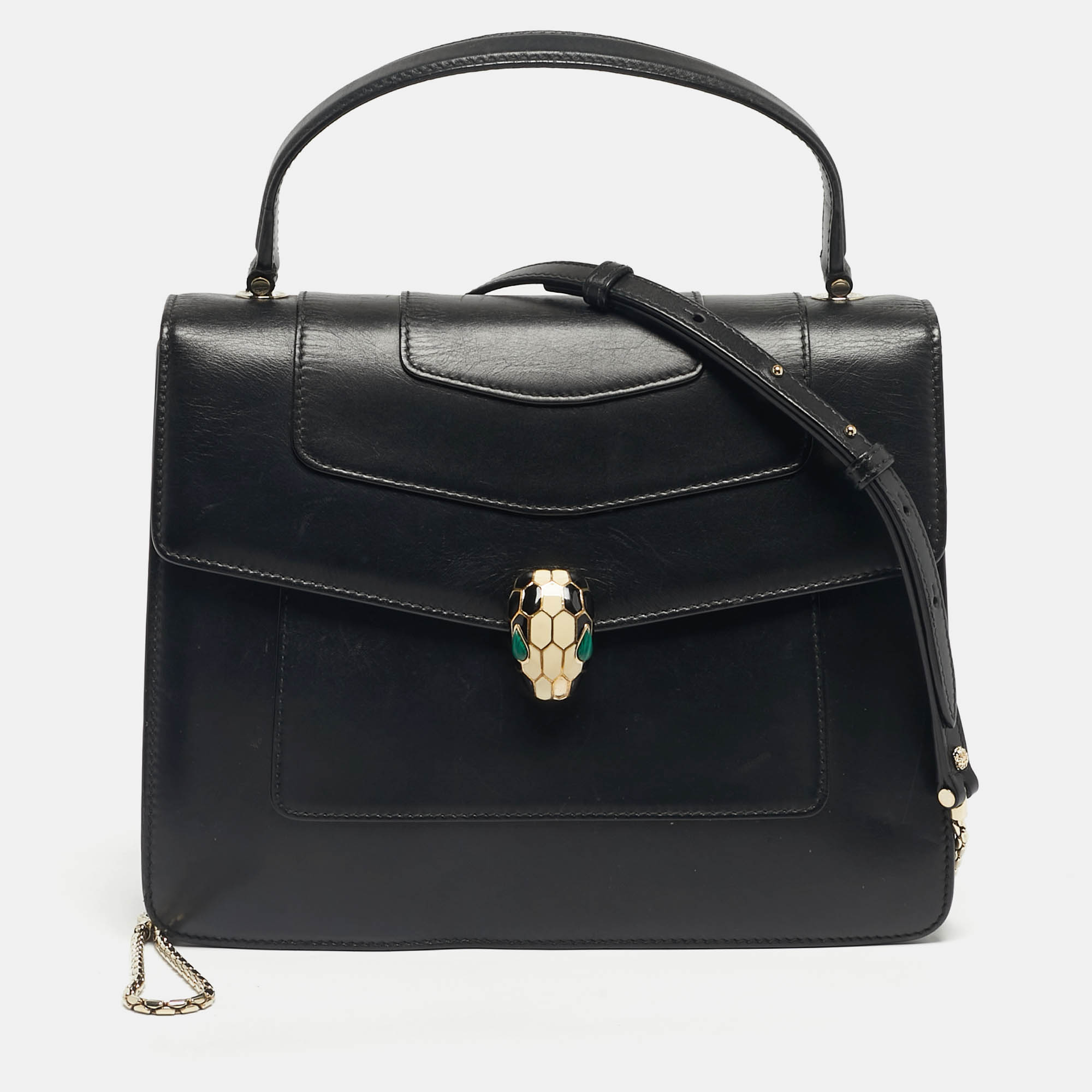 Pre Owned Bvlgari Black Leather Large Serpenti Forever Top Handle Bag