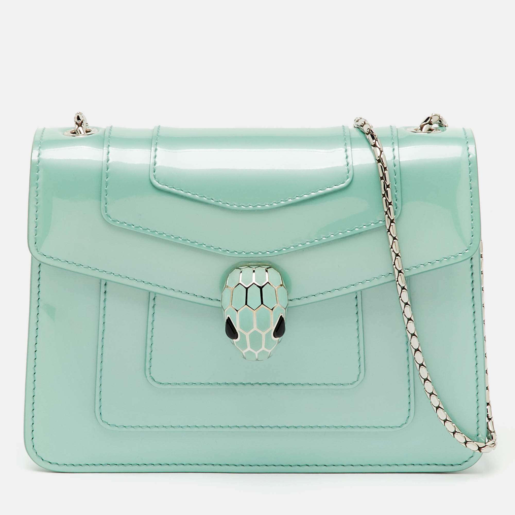 Pre Owned Bvlgari Turquoise Blue Patent Leather Small Serpenti Forever Flap Shoulder Bag