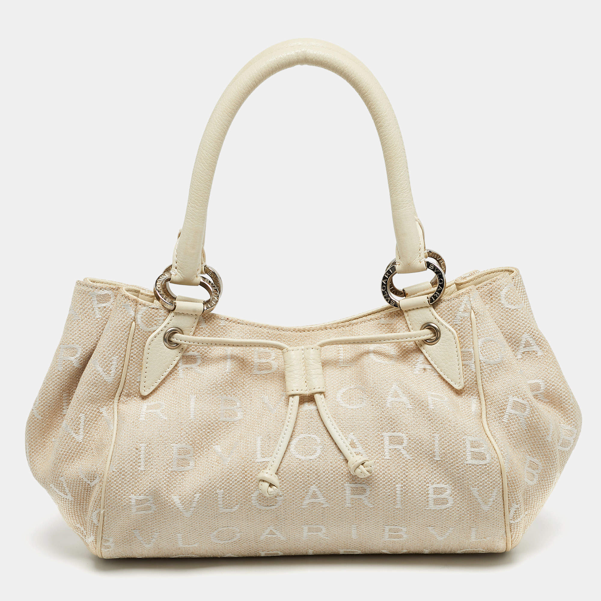 Pre Owned Bvlgari Beige/White Canvas and Leather Logomania Tote