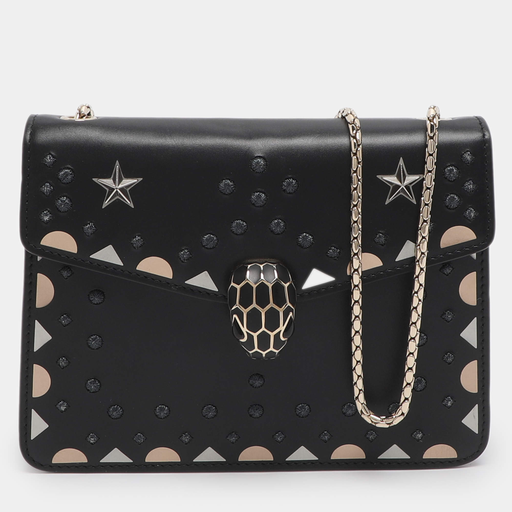 Pre Owned Bvlgari Serpenti Forever Black Embroidered Fabric and Leather Shoulder Bag