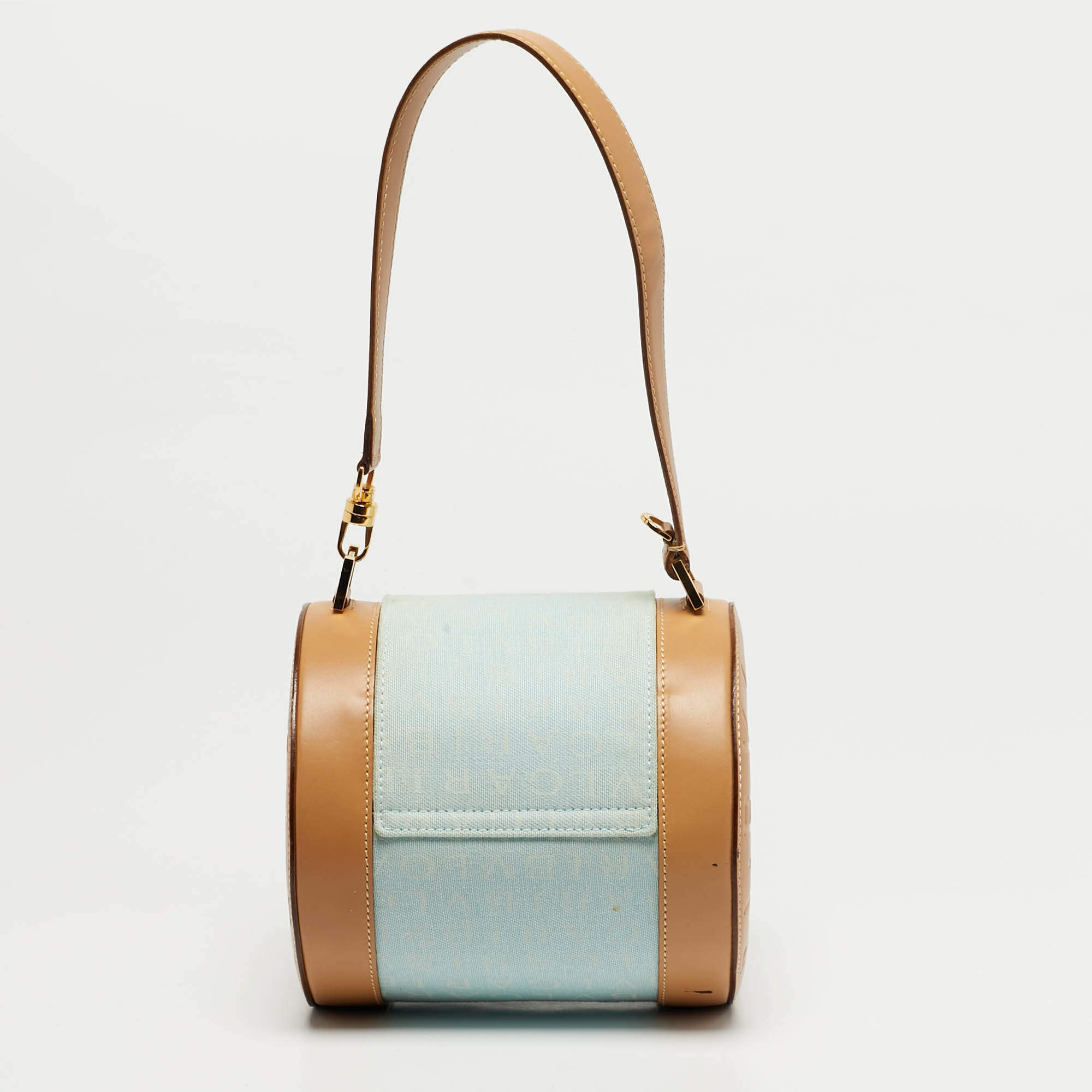مملوكة مسبقًا Bvlgari Tan/Light Blue Logo Mania Fabric Cylinder Bag