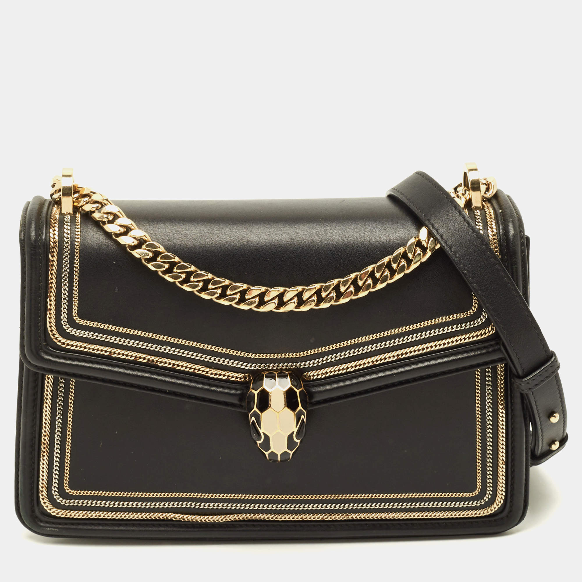 Pre Owned Bvlgari Serpenti Forever Diamond Blast Black Leather Shoulder Bag