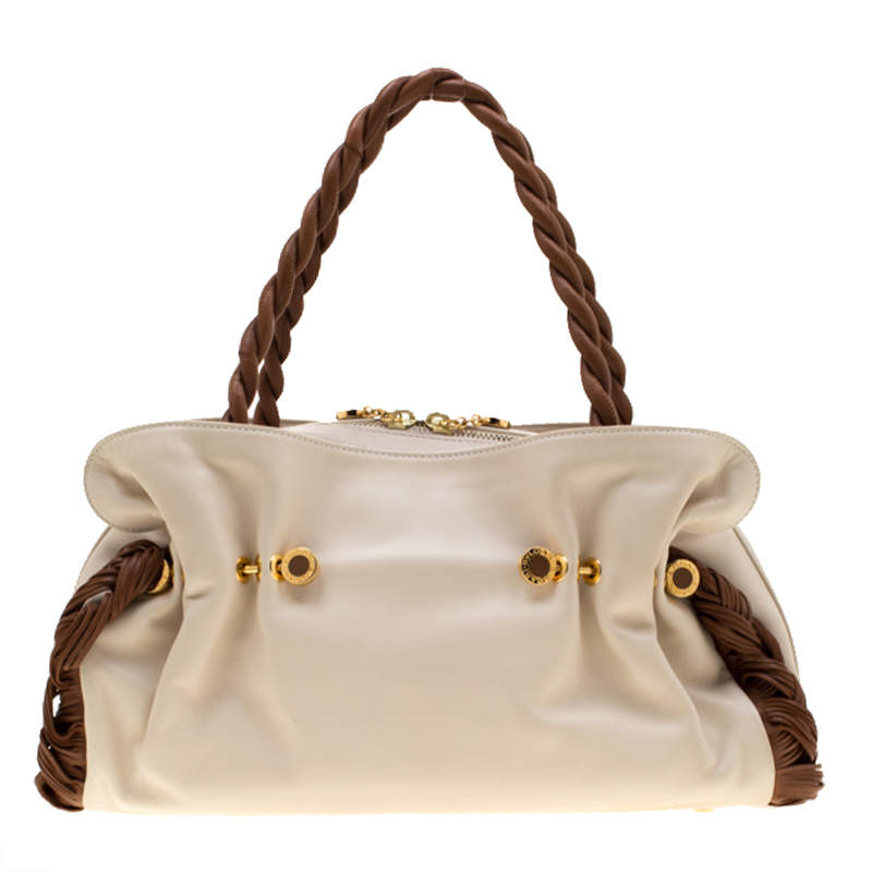 Bvlgari Cream/Tan Leather Twistino Tina Satchel 