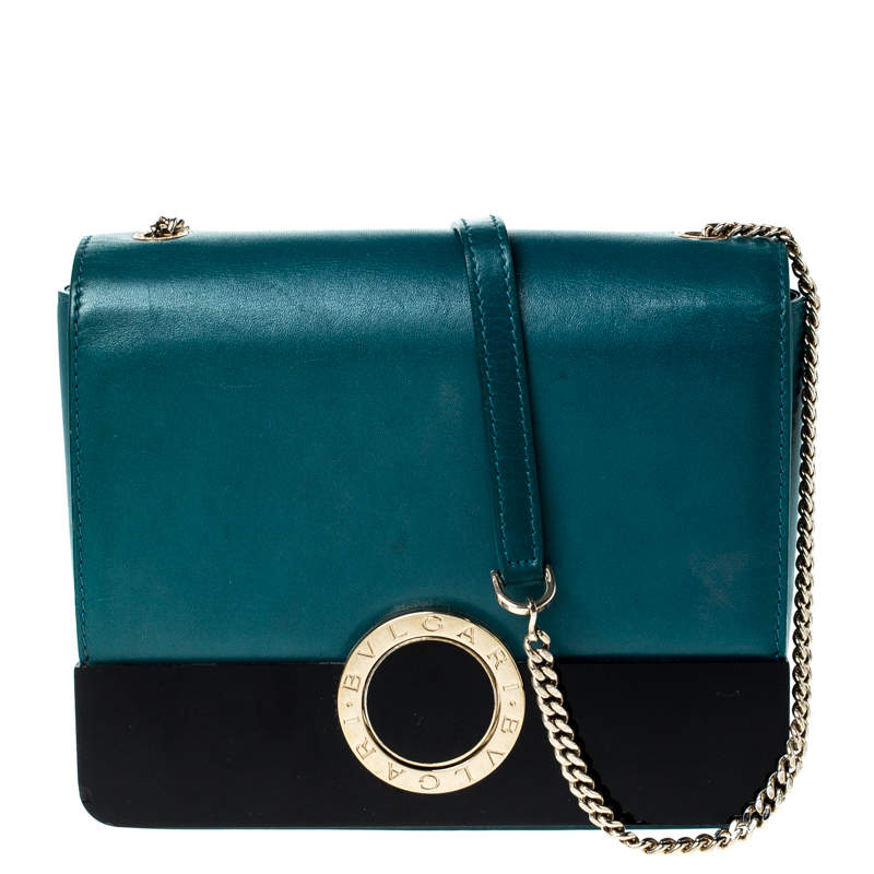 Pre Owned Bvlgari Teal/Black Leather and Perspex Small Flap Cover Shoulder Bag