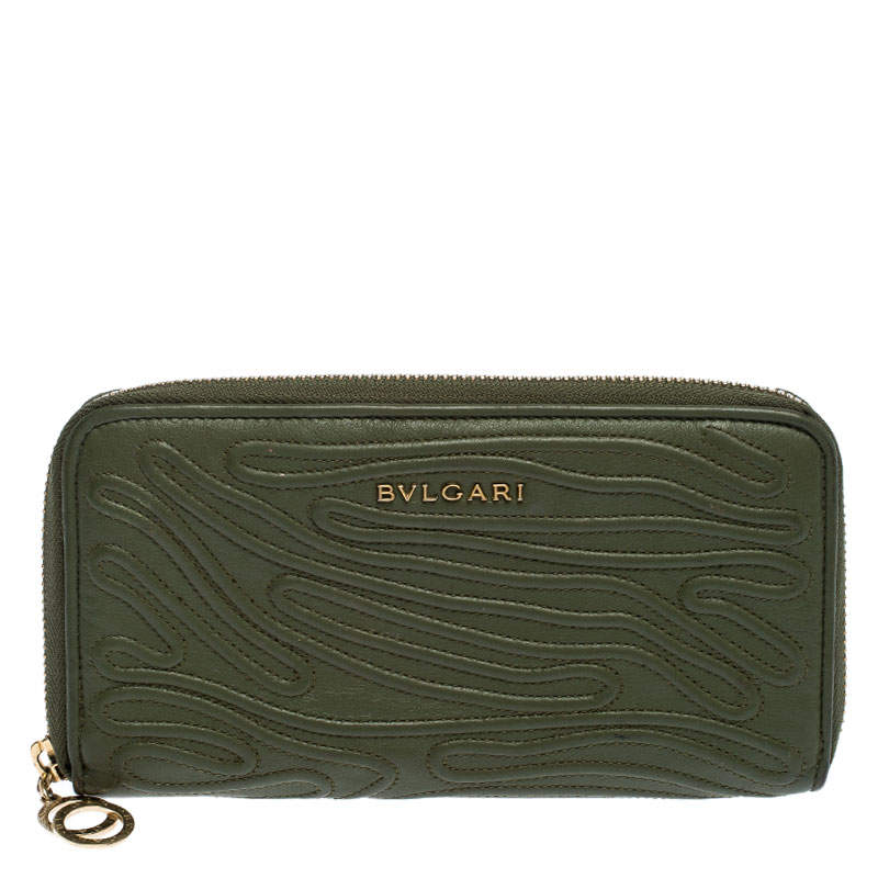 Bvlgari Green Leather Zip Around Wallet