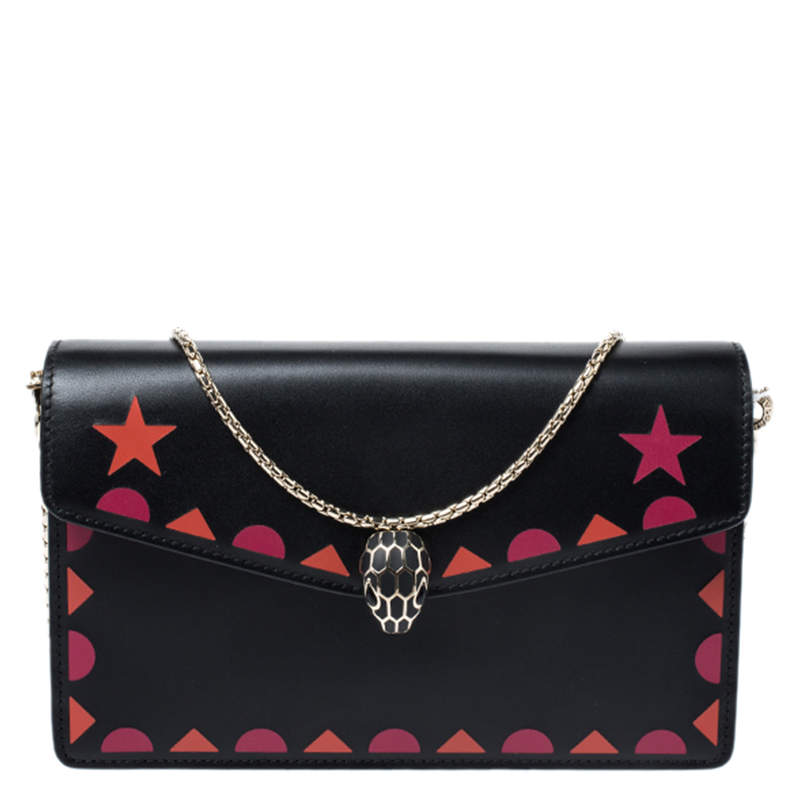 Pre Owned Bvlgari Black Leather Patch Details Serpenti Forever Chain Clutch