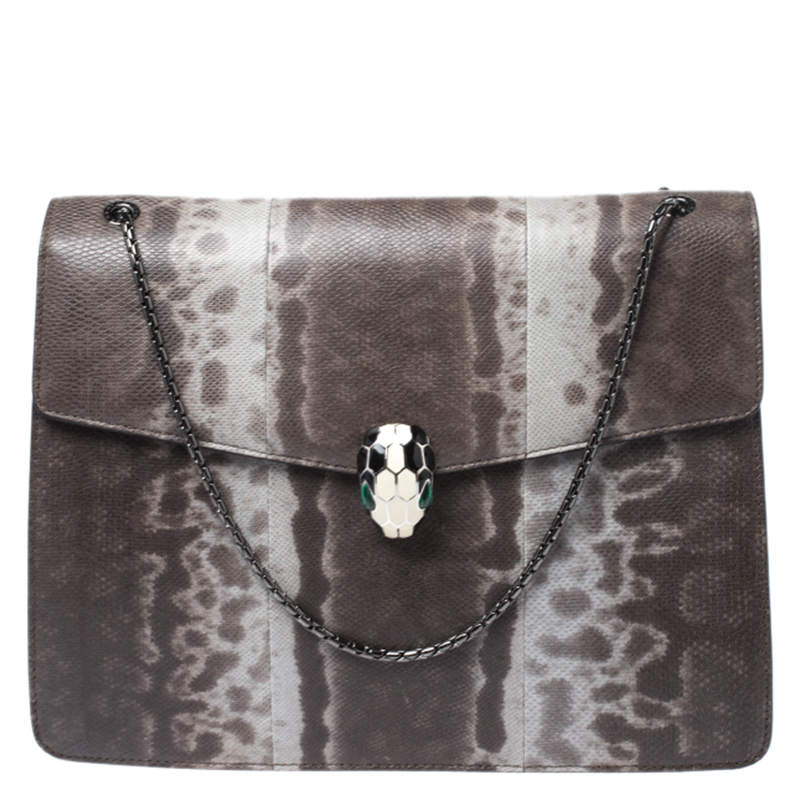 Pre Owned حقيبة كتف بلغاري سربنتي فوريفر كبيرة جلد ثعبان رصاصية