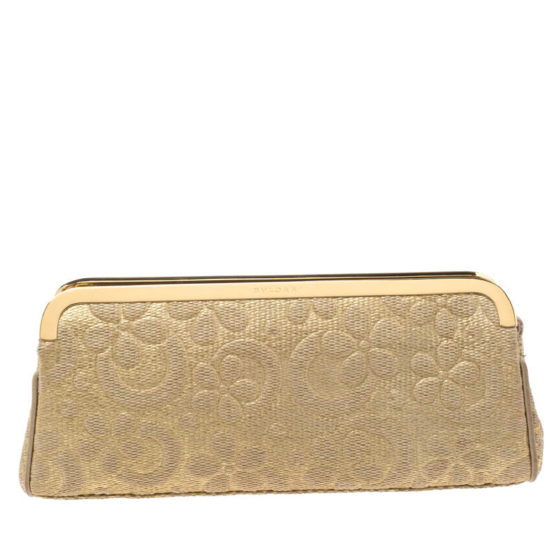Pre Owned Bvlgari Metallic Gold Floral Embossed Straw Clutch