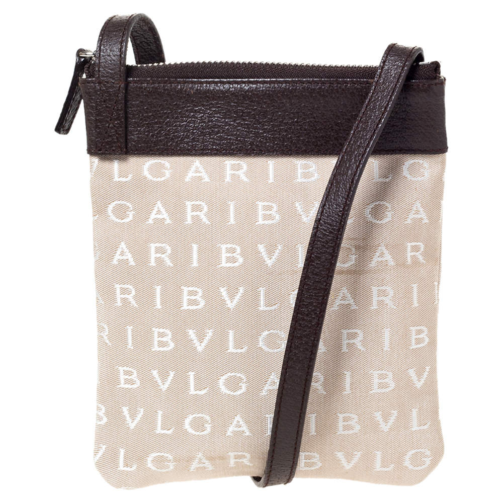 Pre Owned Bvlgari Brown/Beige Mania Canvas and Leather Crossbody Bag