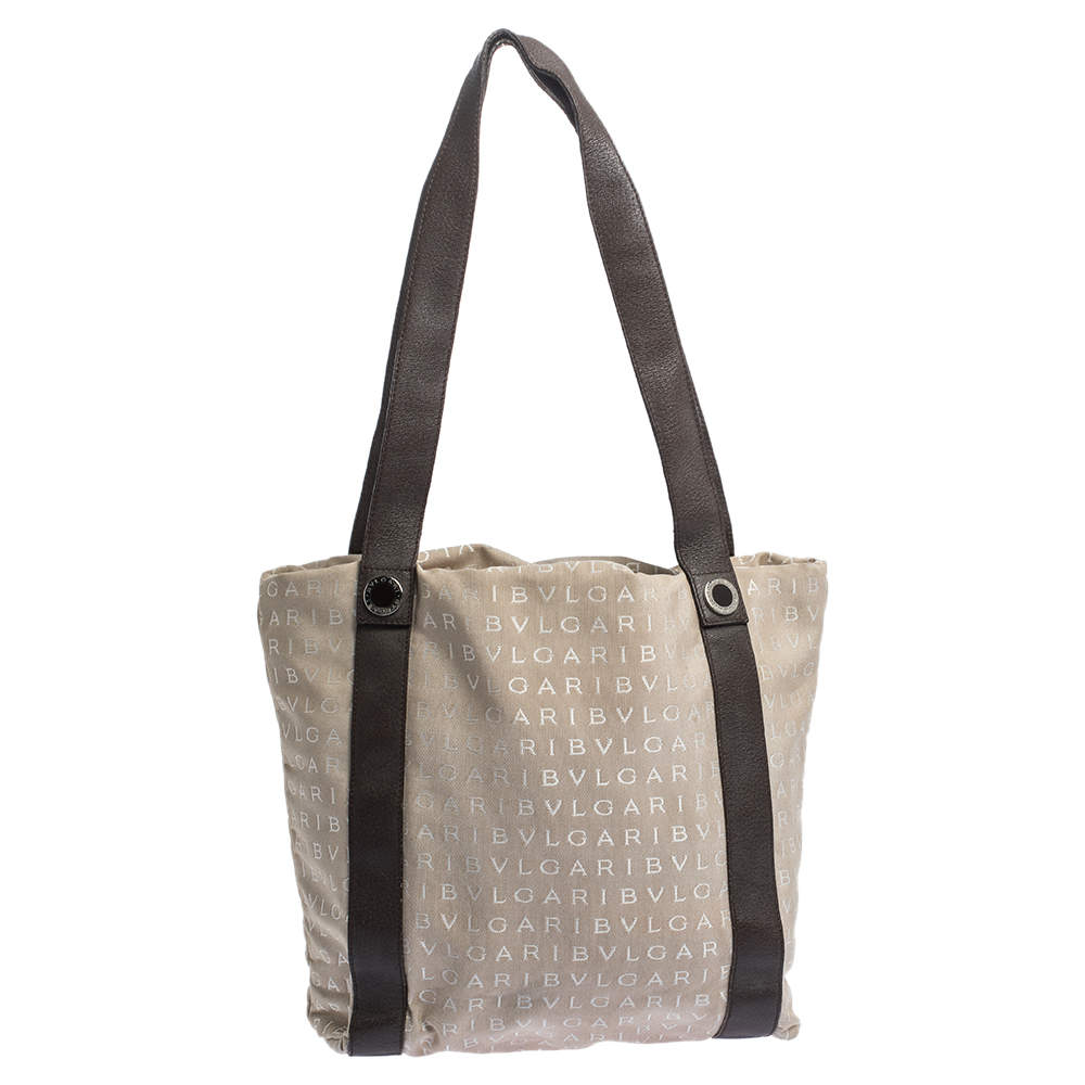Bvlgari Beige/Brown Logo Mania Canvas and Leather Tote