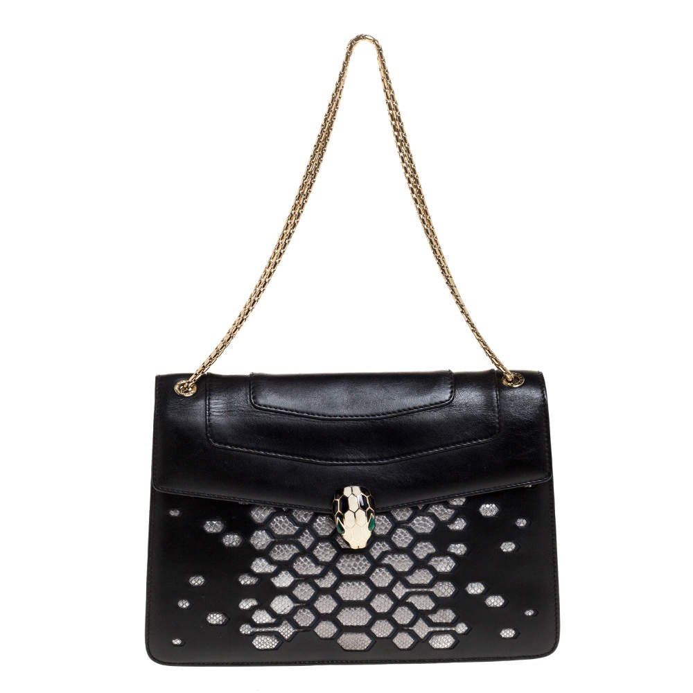 Pre Owned Bvlgari Black/Silver Leather Serpenti Forever Shoulder Bag