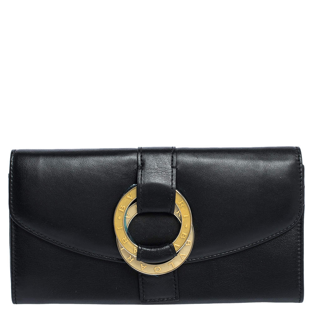 Bvlgari Black Leather Double Ring Flap Continental Wallet