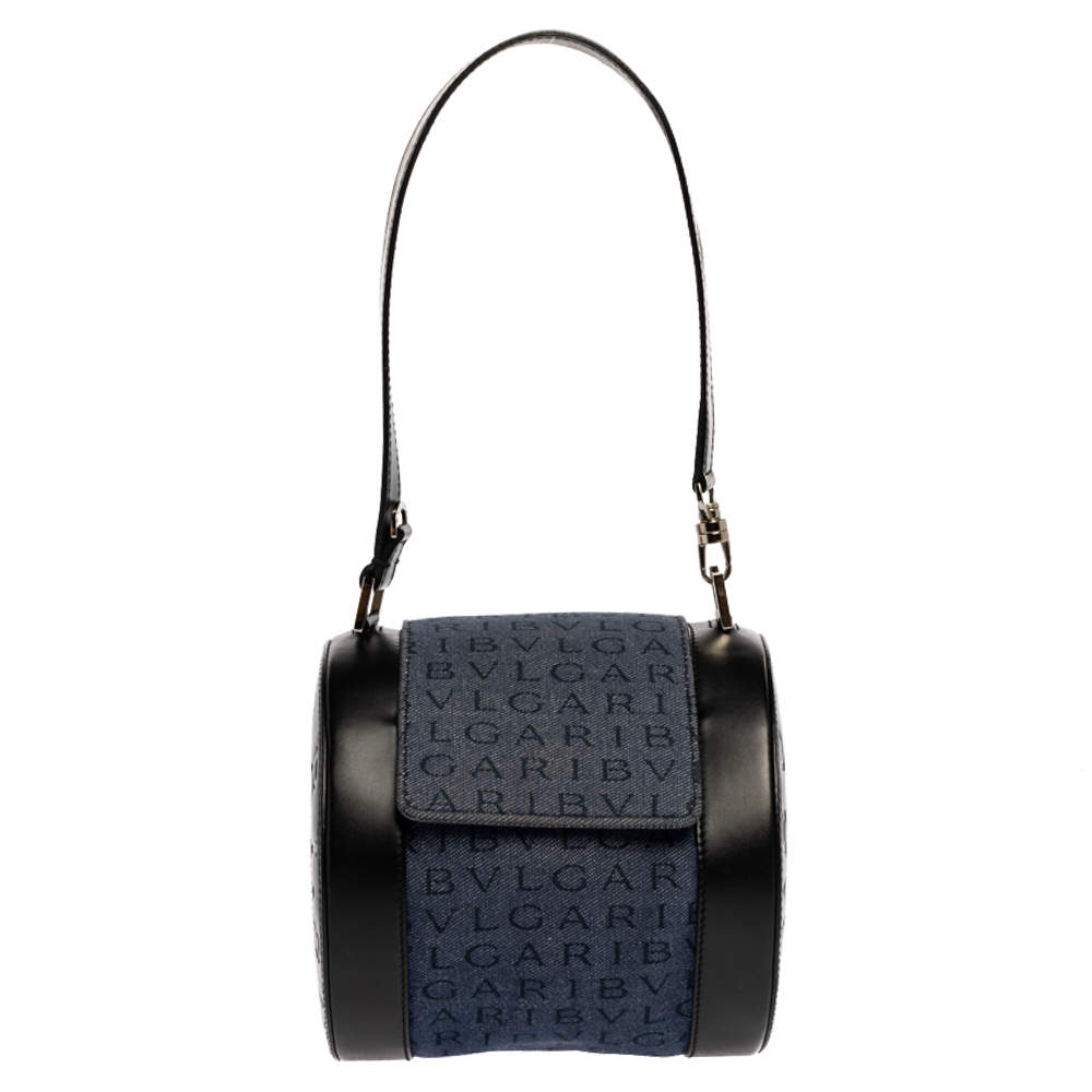 Bvlgari Blue/Black Denim and Leather Cylinder Bag