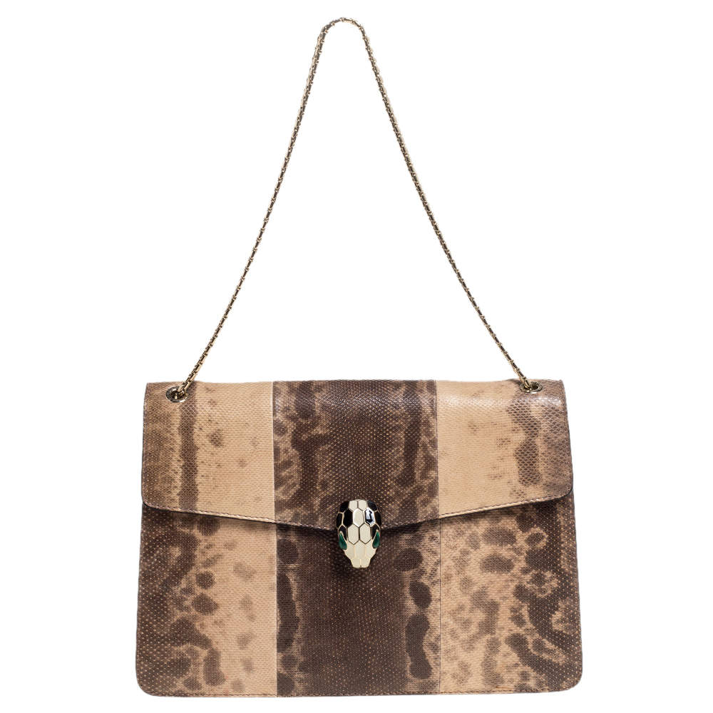 Bvlgari Beige Karung Medium Serpenti Forever Flap Shoulder Bag 