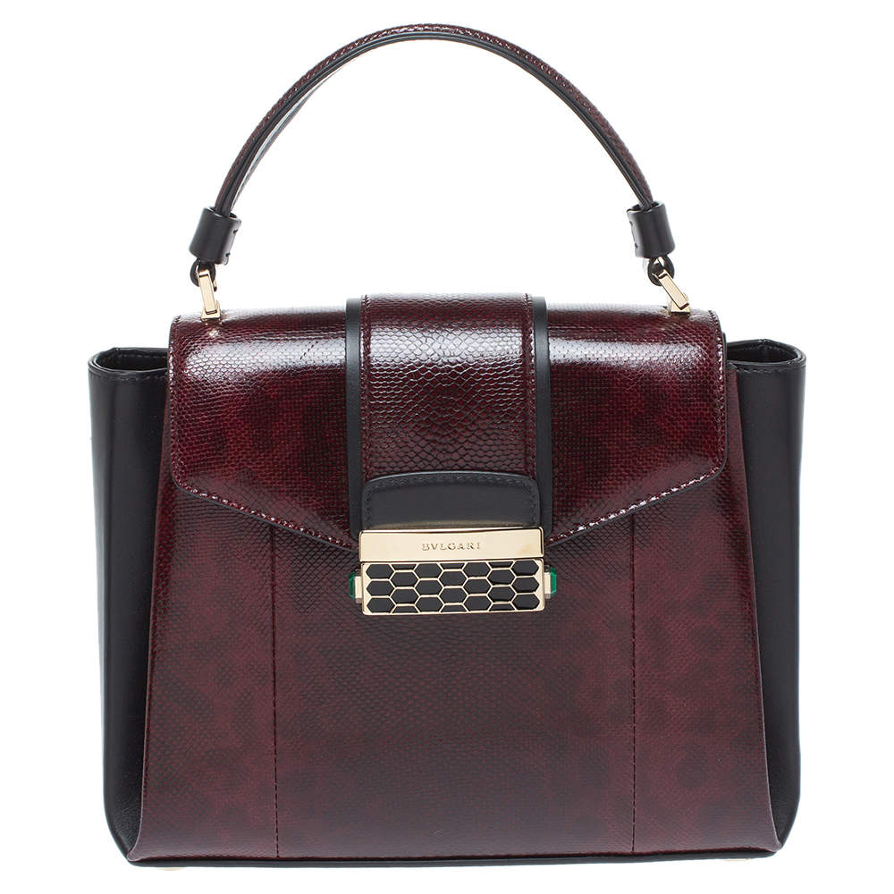 Pre Owned Bvlgari Burgundy/Black Leather and Karung Serpenti Viper Top Handle Bag