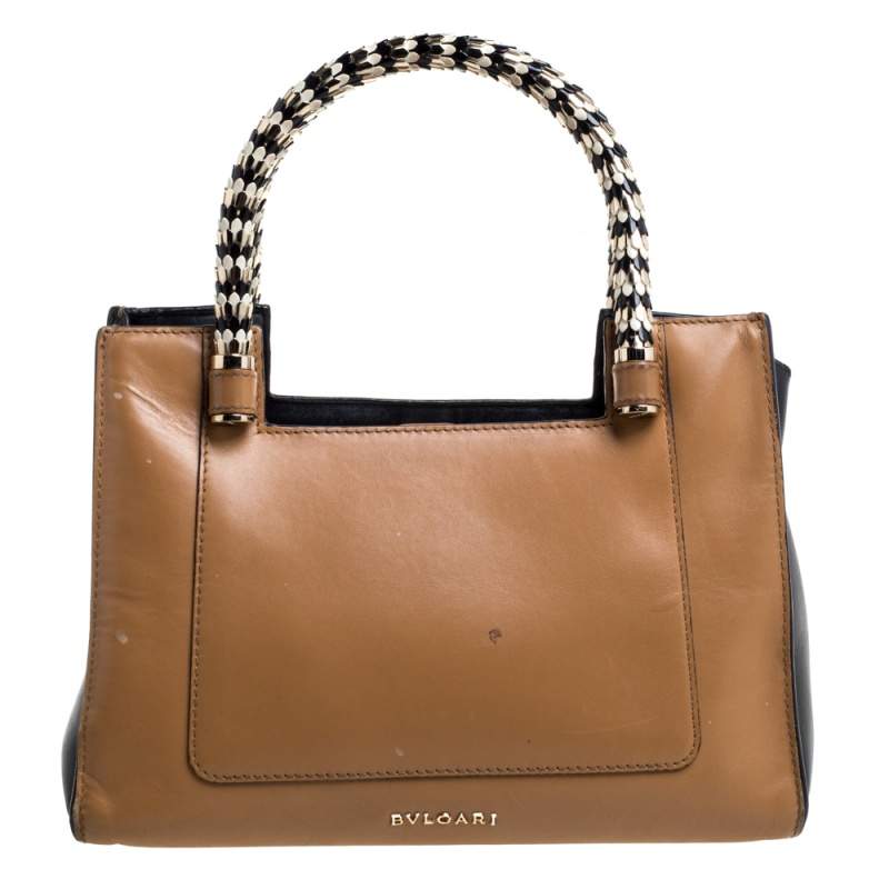 Pre Owned Bvlgari Tan/Black Leather Small Serpenti Scaglie Tote