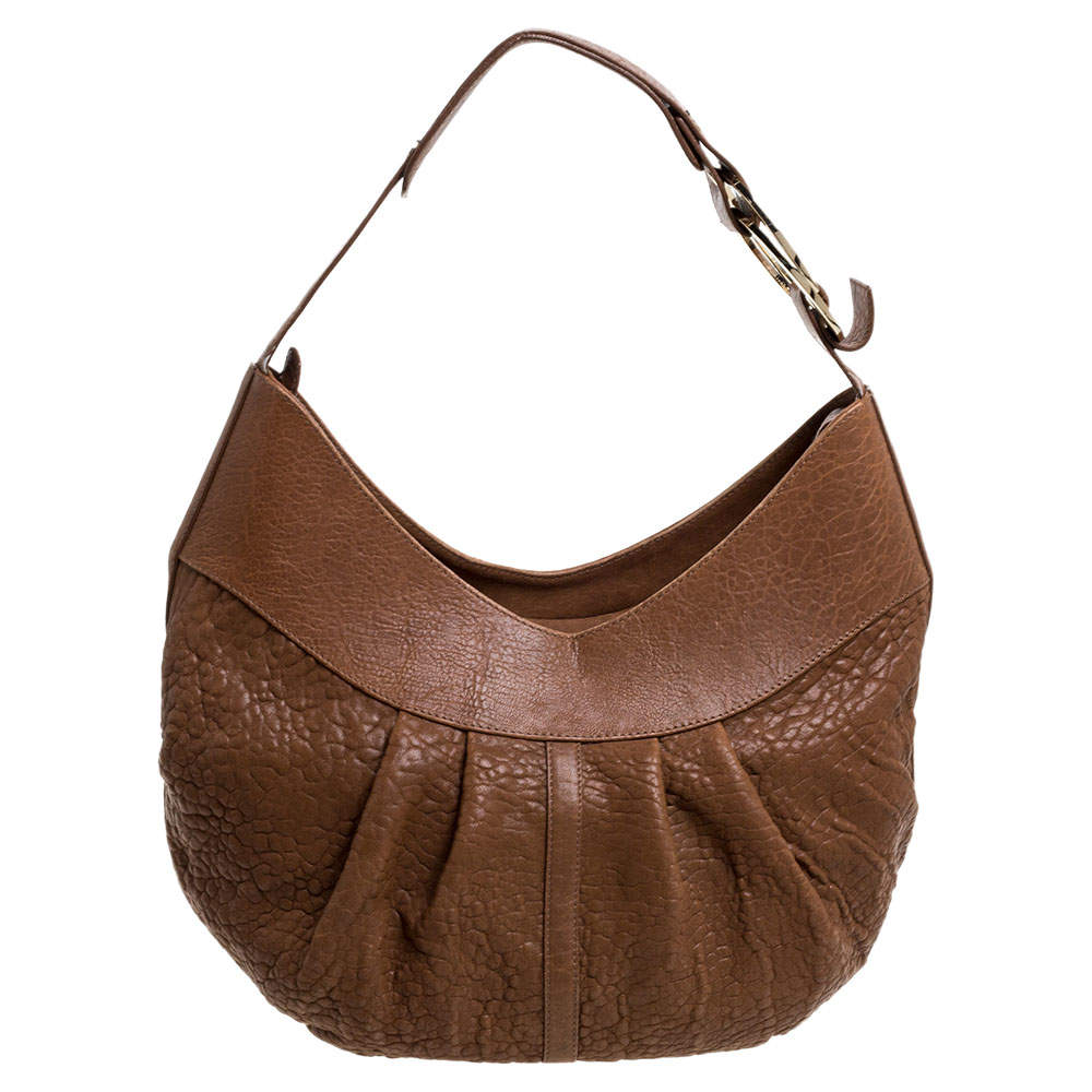 Pre Owned Bvlgari Brown Pleated Pebbled Leather Hobo