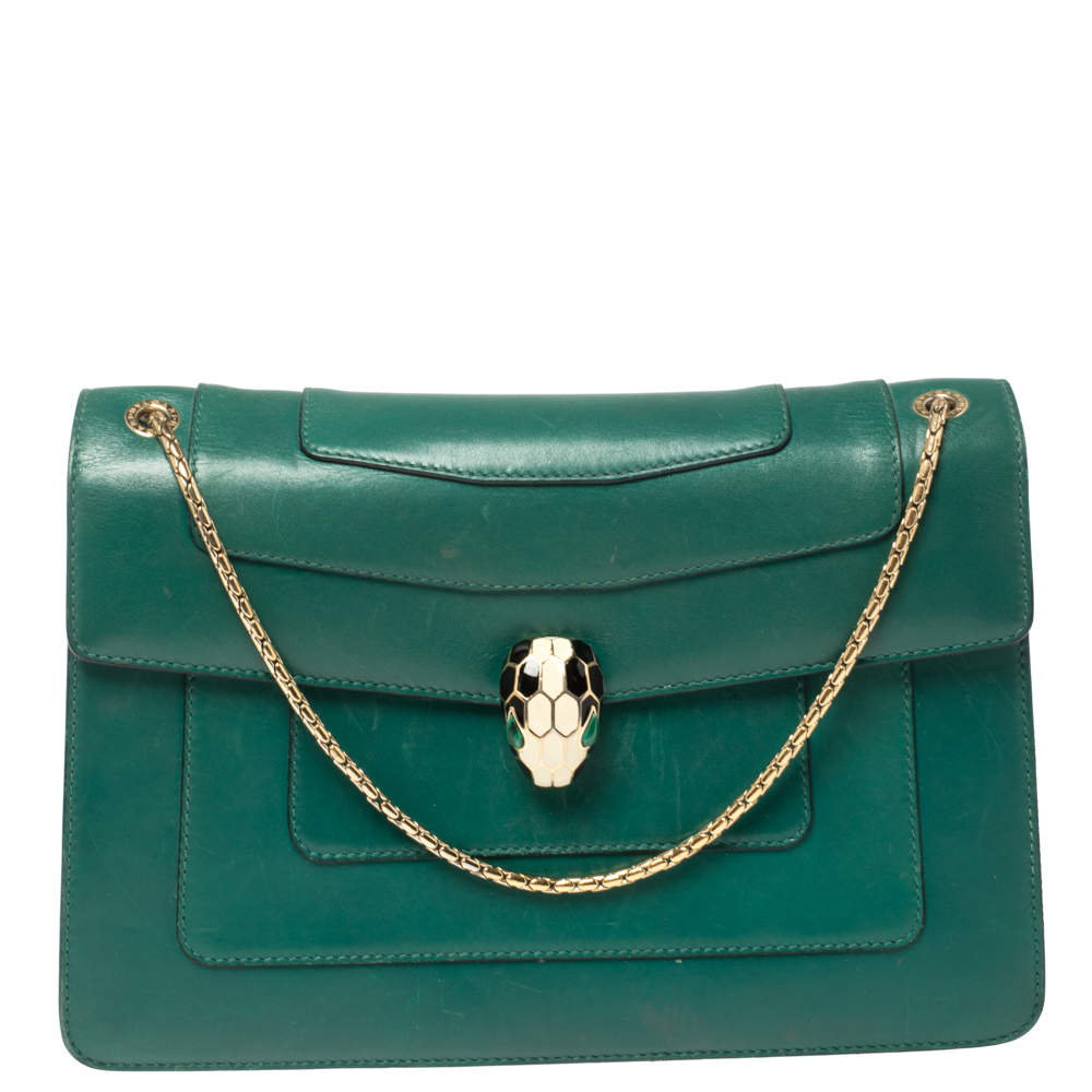 Pre Owned Bvlgari Green Leather Medium Serpenti Forever Flap Shoulder Bag