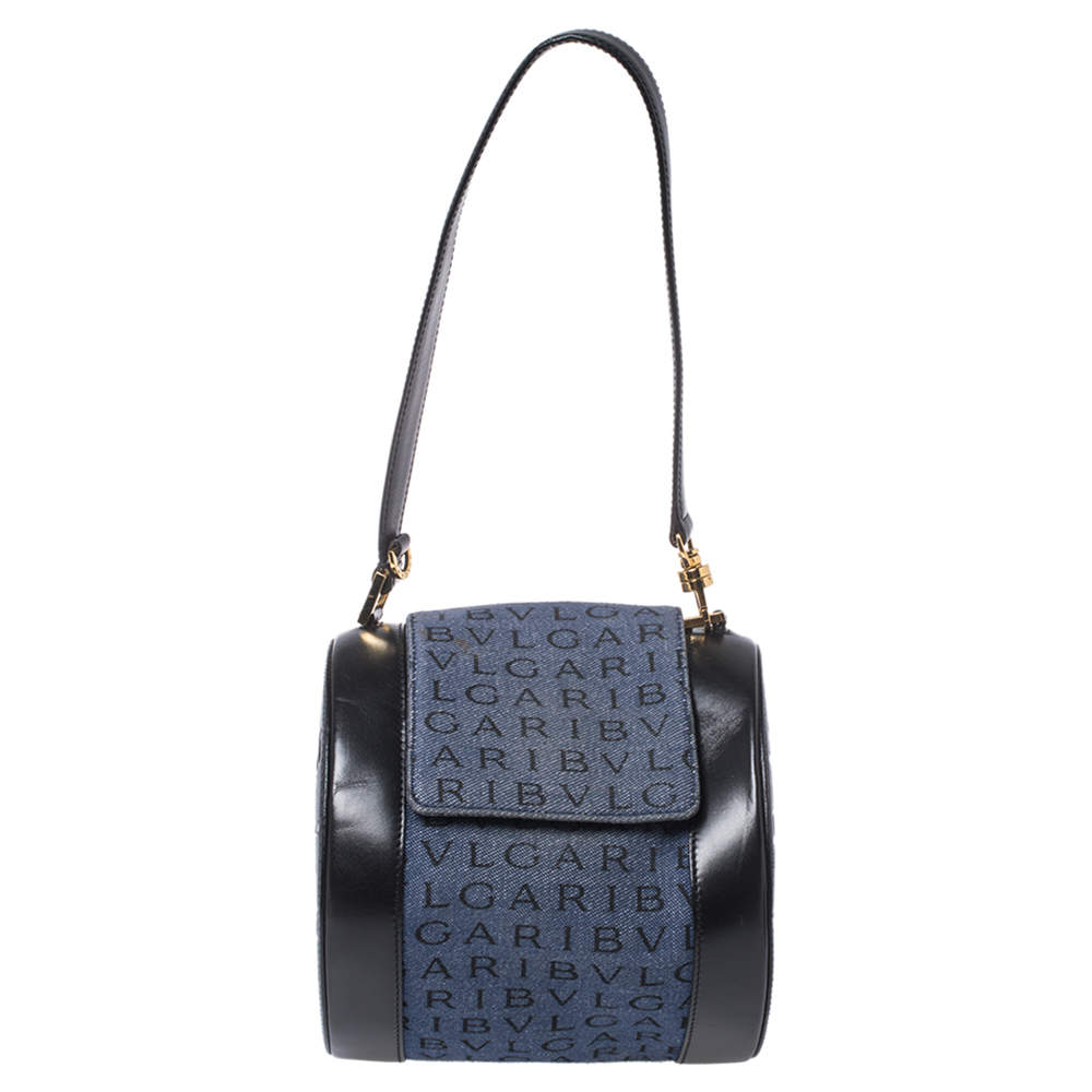 Pre Owned Bvlgari Blue/Black Denim and Leather Cylinder Bag