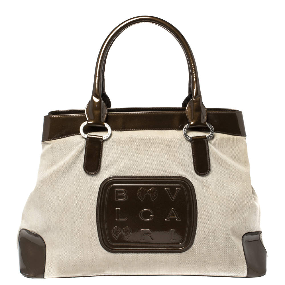 Bvlgari Dark Brown/Grey Canvas and Patent Leather Middle Zip Tote