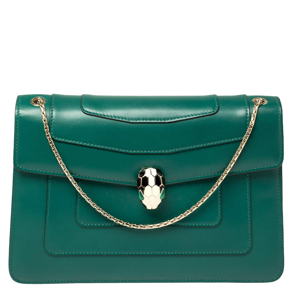 Pre Owned حقيبة كتف بلغاري غطاء قلاب سيربينتي متوسطة جلد سحلية خضراء