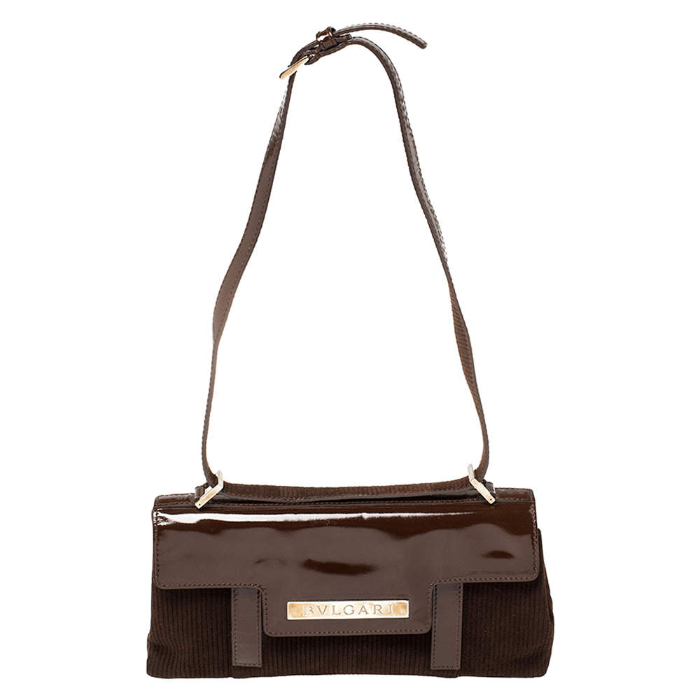 Pre Owned Bvlgari Mocha Brown Corduroy and Patent Leather Logo Flap Top Handle Bag