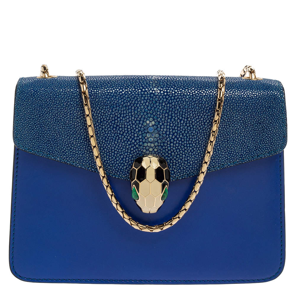 Pre Owned حقيبة كتف بلغاري سيربينتي فوريفر جلد وجلد سمك الراي اللساع أزرق