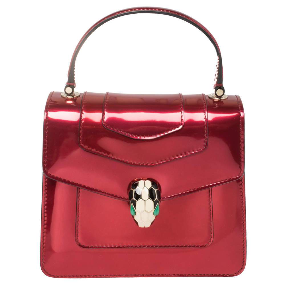 Bvlgari Red Metallic Leather Serpenti Forever Flap Top Handle Bag