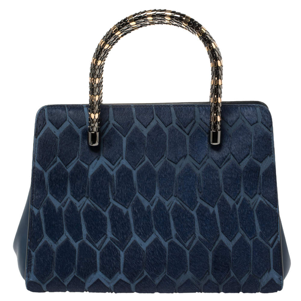 مملوكة مسبقًا Bvlgari Blue Leather and Calf Hair Serpenti Scaglie Tote