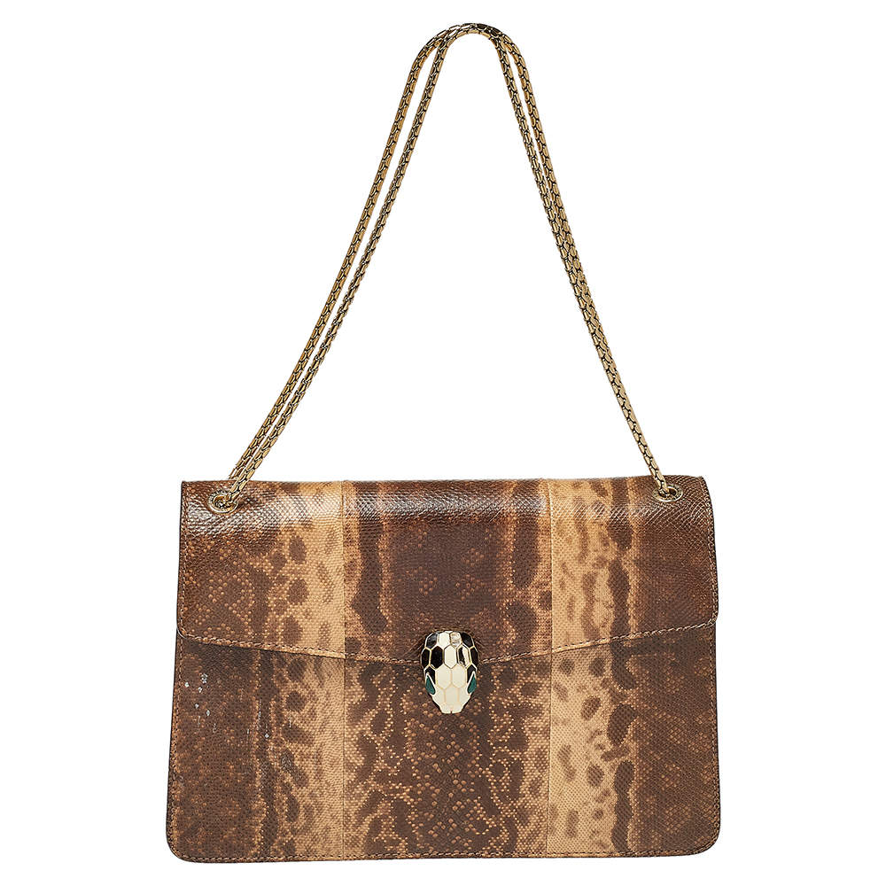 Bvlgari Beige Karung Medium Serpenti Forever Flap Shoulder Bag