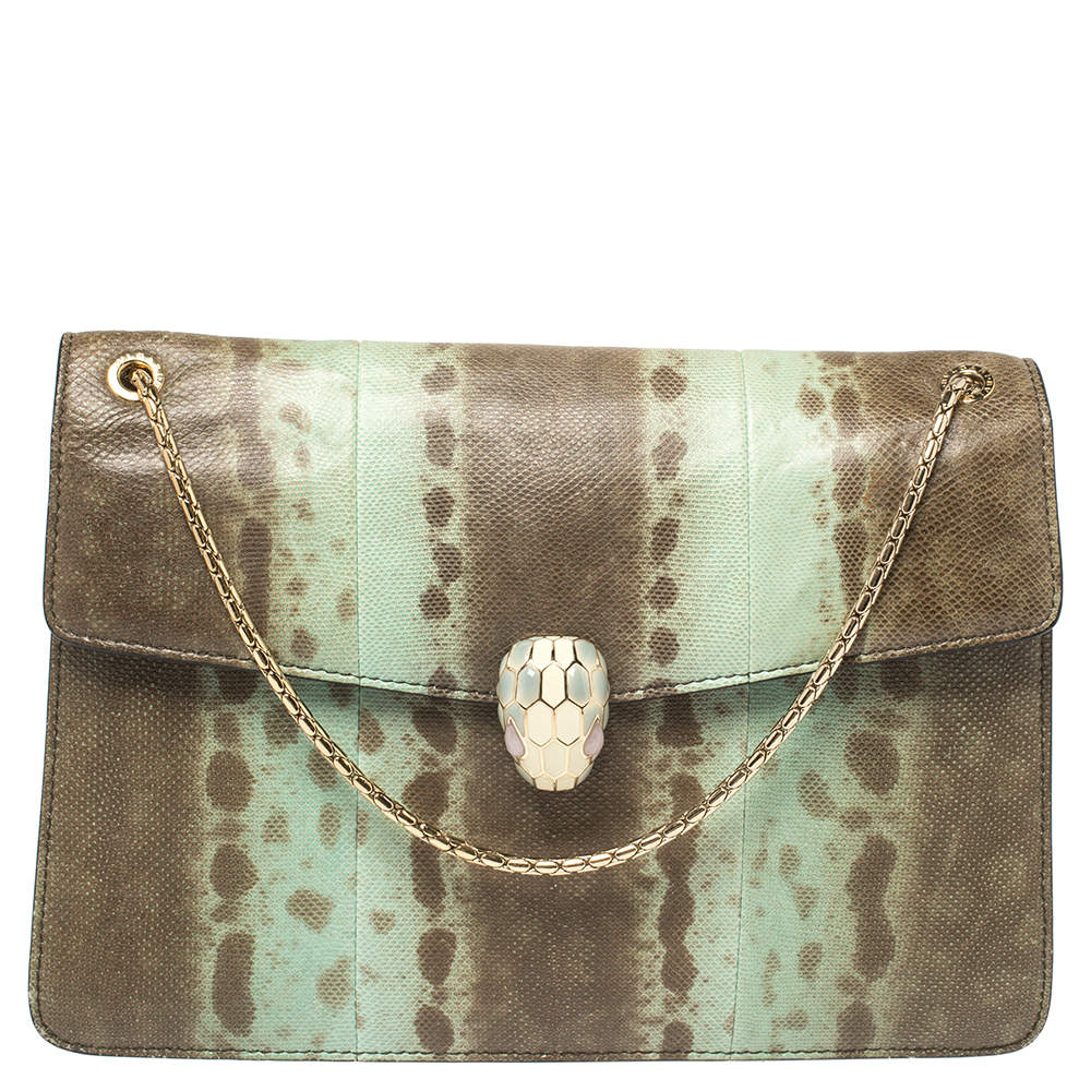Pre Owned حقيبة كتف بلغاري فورفر سيربنتي متوسطة جلد ثعبان خضراء